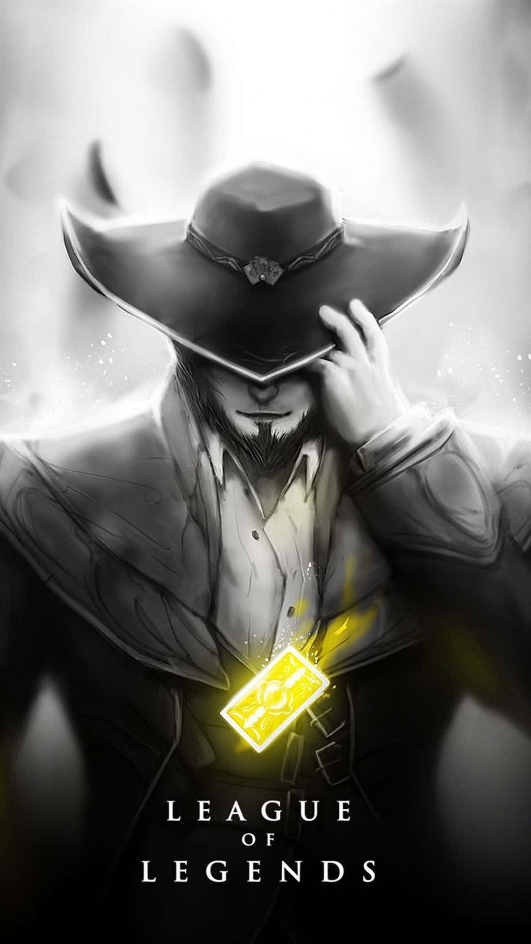 電玩遊戲 桌布 壁紙 — 一個單色的《英雄聯盟》牛仔角色戴著寬邊帽，在煙霧背景前拿著一張發光的黃色卡牌。