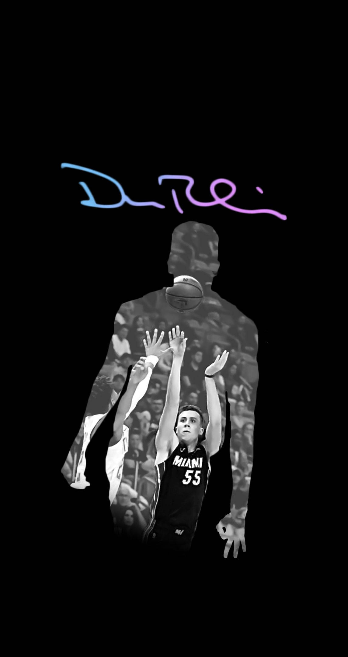 duncan robinson 桌布 壁紙 — 一個單色籃球運動員穿著邁阿密55號球衣，在黑色背景上投籃，上方有發光的藍色和紫色「Dare」文字。