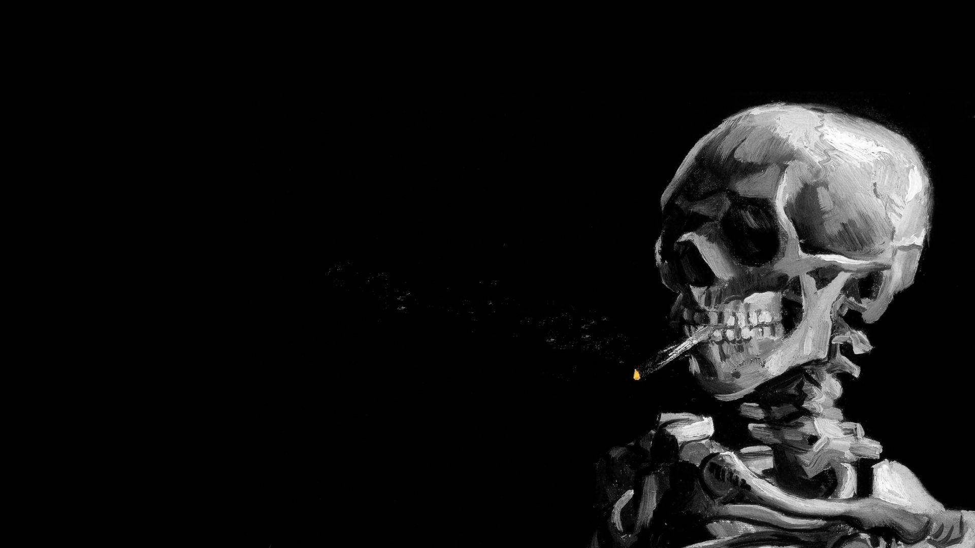 骷髏迷因 桌布 壁紙 — 一個單色繪畫的骷髏在純黑背景下抽煙，煙霧向上飄散。