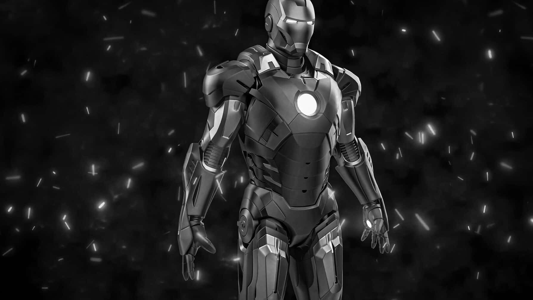Iron Man Black And White 桌布 壁紙 — 一個單色裝甲超級英雄站在黑暗背景前，周圍有發光粒子旋轉。