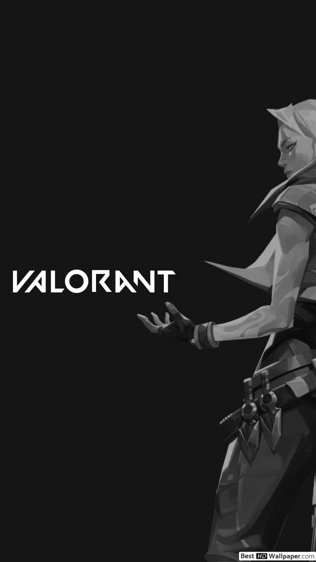 Valorant iPhone 壁紙 桌布 壁紙 — 一個單色調的Valorant角色穿著戰術裝備，在黑色背景上伸出手，遊戲標題以粗體白色文字顯示。