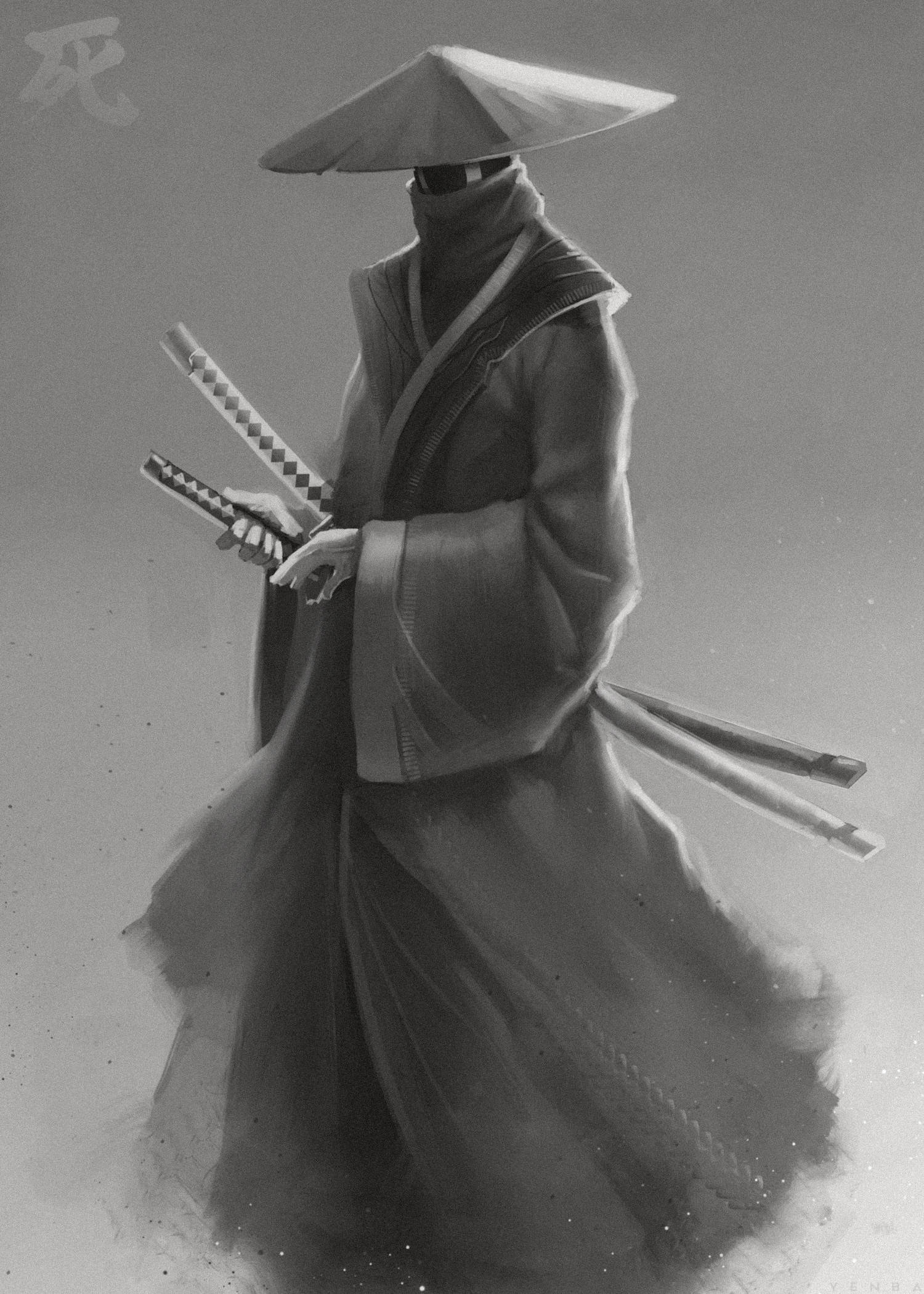 Warrior 桌布 壁紙 — 一個單色調的武士，戴著寬邊帽，身穿飄逸長袍，在迷霧灰背景下手持兩把劍。