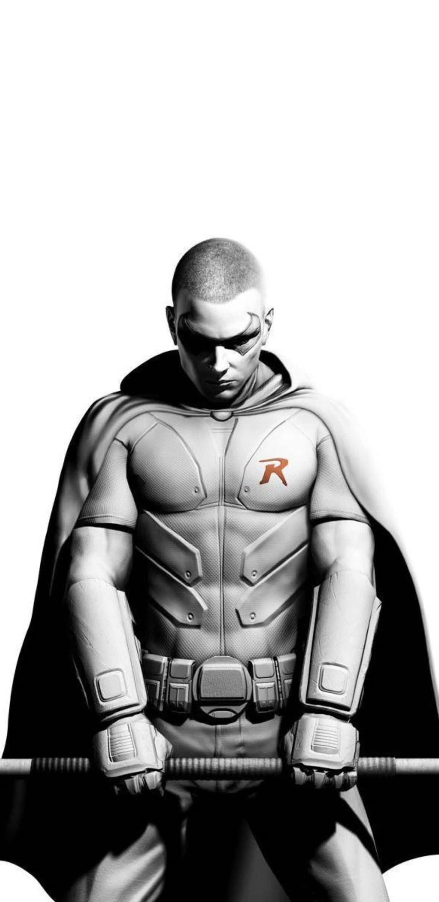 Pixel 3xl Batman Arkham City 桌布 壁紙 — 一個單色超級英雄穿著細節豐富的裝甲服，帶有紅色「R」標誌，在純白背景下握著槓鈴。