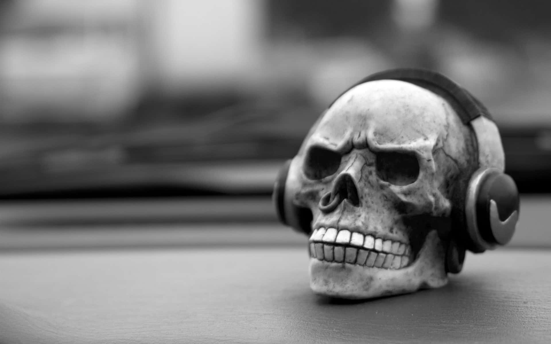 Halloween Music 桌布 壁紙 — 一個單色骷髏公仔戴著耳機，放在儀表板上，背景是模糊的車內環境。