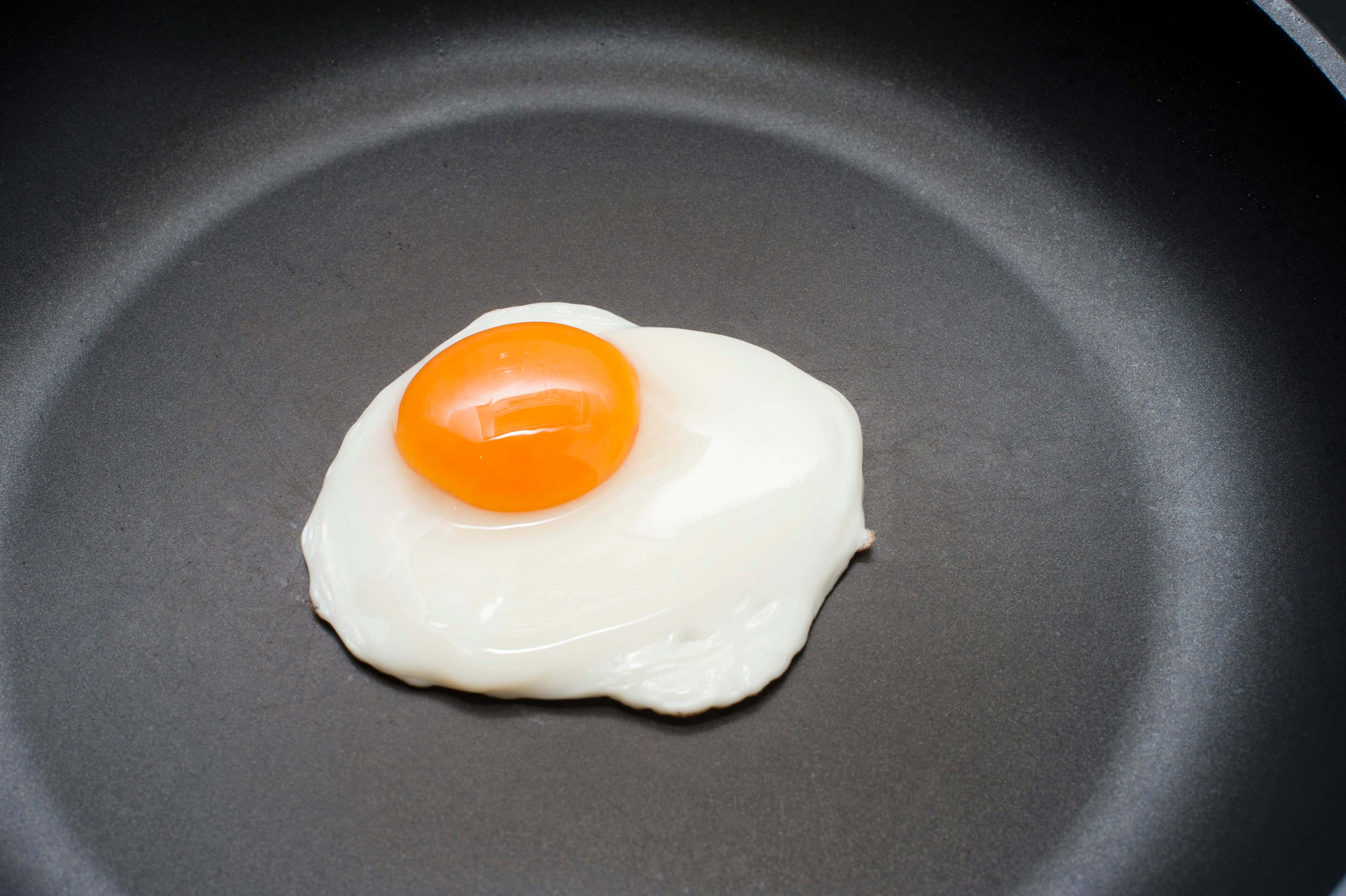 Egg 桌布 壁紙 — 一個單面煎蛋，帶有鮮豔的橙色蛋黃，在黑色不沾煎鍋中滋滋作響。