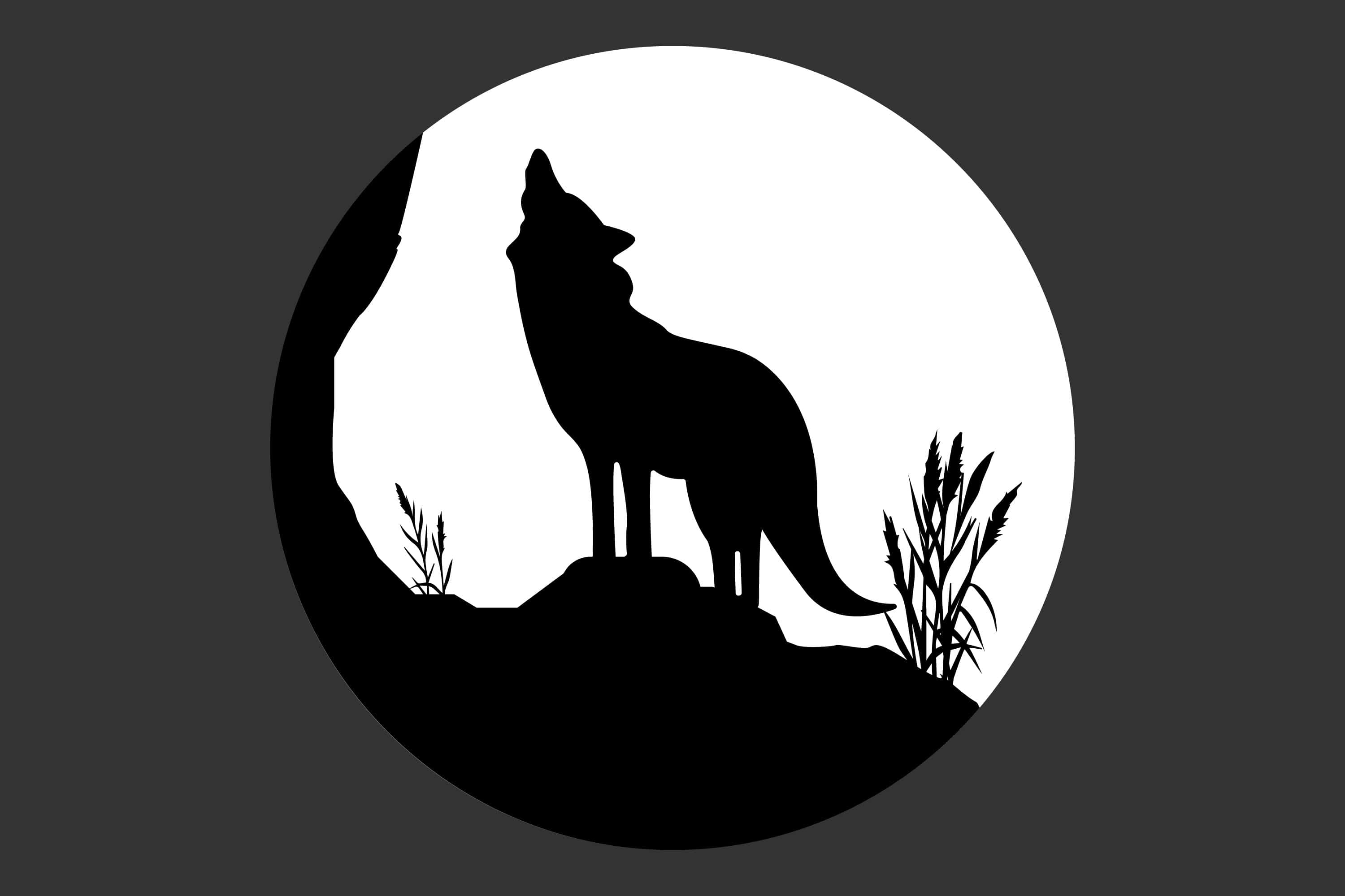 Wolf Silhouette 桌布 壁紙 — 一個嚎叫的狼的鮮明黑色剪影站在岩石露頭上，由一個發光的白色圓圈框住，背景是深灰色。