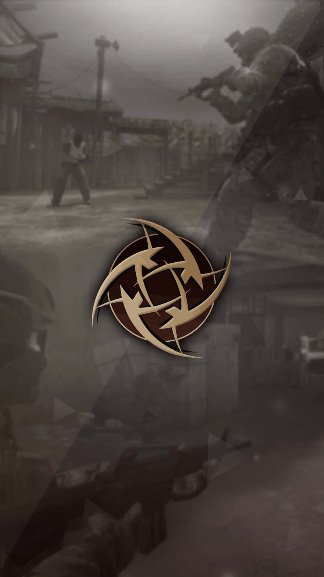 Android Counter-strike Global Offensive 桌布 壁紙 — 一個嚴峻的城市戰爭場景，士兵身著戰鬥裝備，周圍是破舊的建築物，中央有一個金色標誌。
