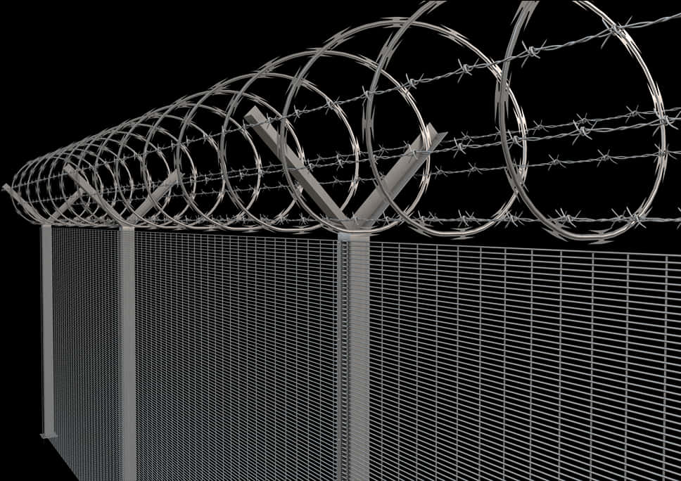 fence 桌布 壁紙 — 一個嚴峻的安全圍欄，頂部有盤繞的鐵絲網和剃刀鐵絲，背景為黑色。