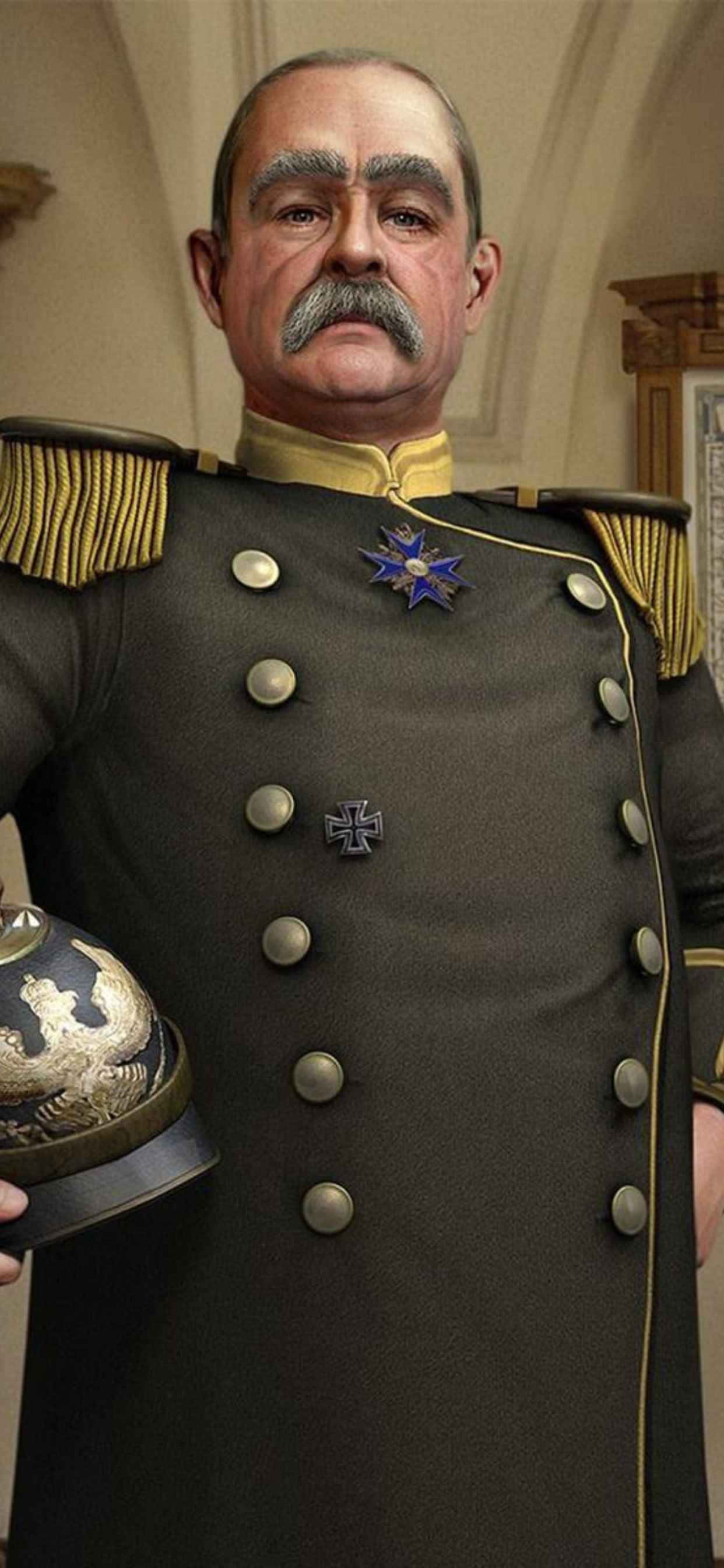 iPhone Xs Max Civilization V 桌布 壁紙 — 一個嚴肅、留鬍子的男人，身穿深色軍裝，配有金色肩章和勳章，在室內拿著一個裝飾過的頭盔。