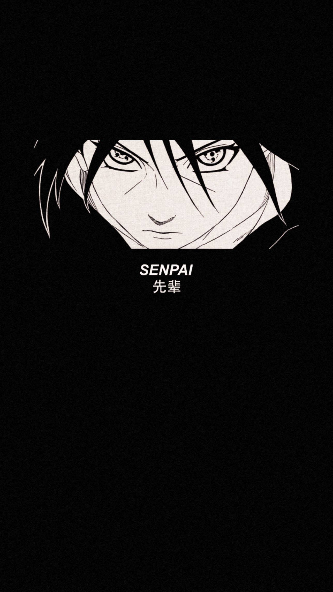 itachi uchiha iPhone 桌布 壁紙 — 一個嚴肅男性角色的黑白動畫肖像，眼神銳利，下方有「SENPAI」字樣。
