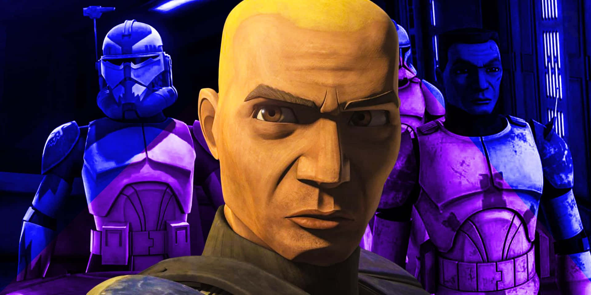 The Clone Army 桌布 壁紙 — 一個嚴肅的光頭男子身穿深色制服，在霓虹燈光下被藍色和紫色的裝甲克隆士兵簇擁在中央。