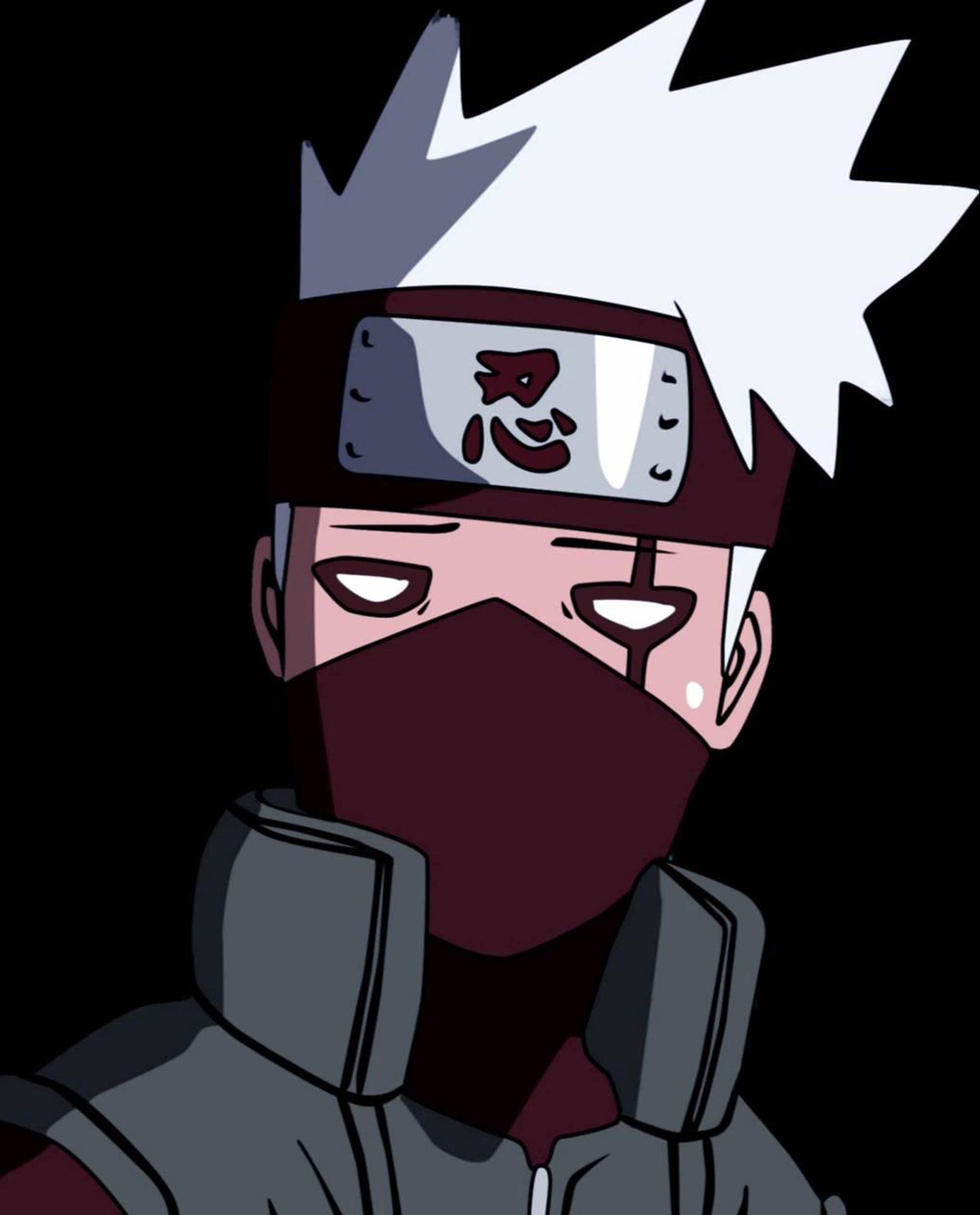 kakashi pfp 桌布 壁紙 — 一個嚴肅的動漫忍者，有著尖刺的白髮和紅色面具，在黑色背景下強烈地凝視。