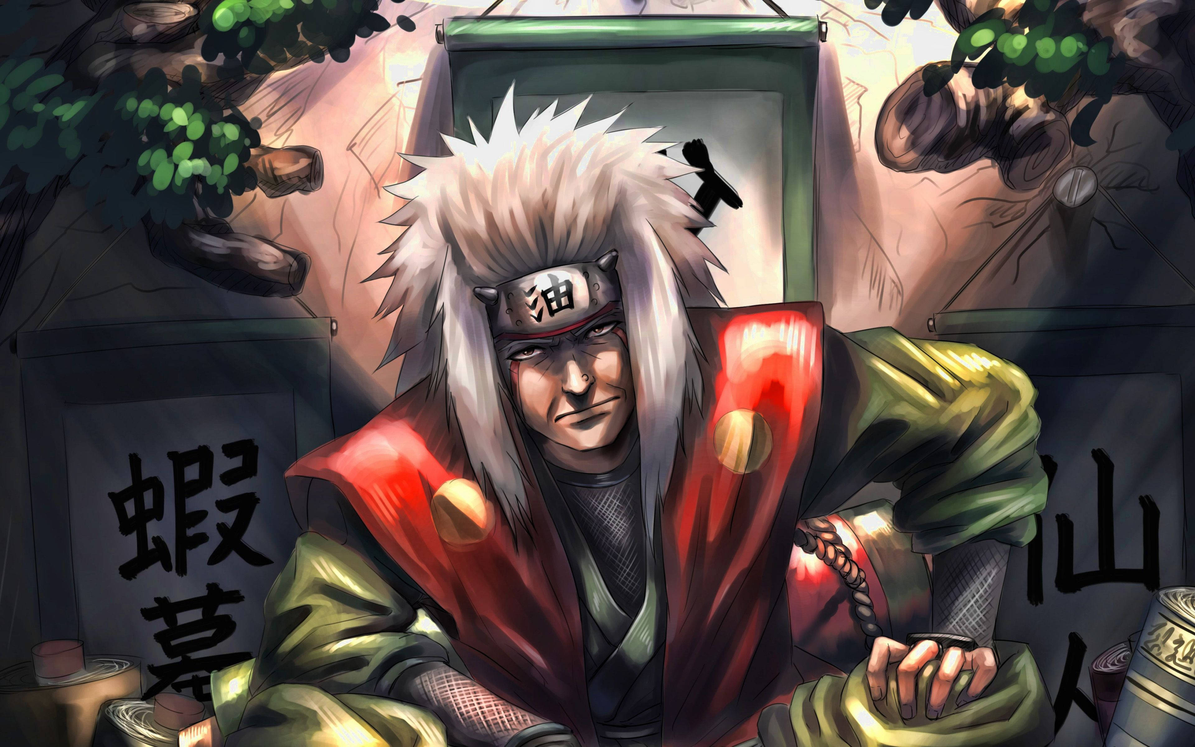 自來也 桌布 壁紙 — 一個嚴肅的動漫忍者，有著尖刺的白髮和紅色背心，站在一個燈光昏暗、帶有日本標誌的拉麵店裡。