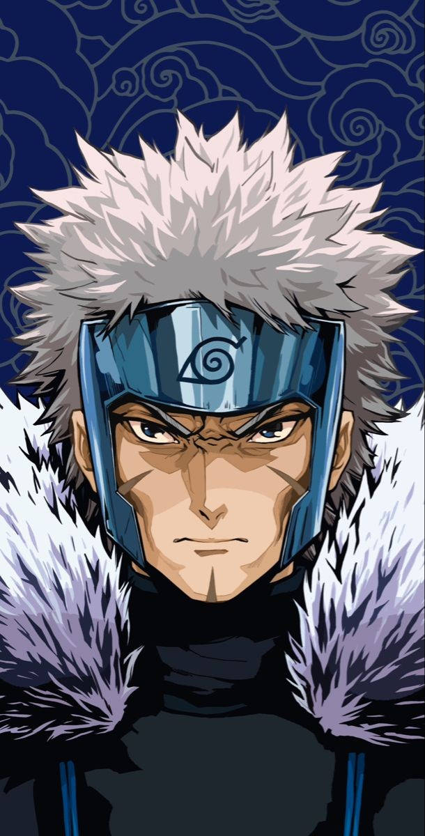 tobirama senju 桌布 壁紙 — 一個嚴肅的動漫忍者，有著尖刺的白髮和藍色頭帶，在旋轉的深藍色圖案背景前凝視著。