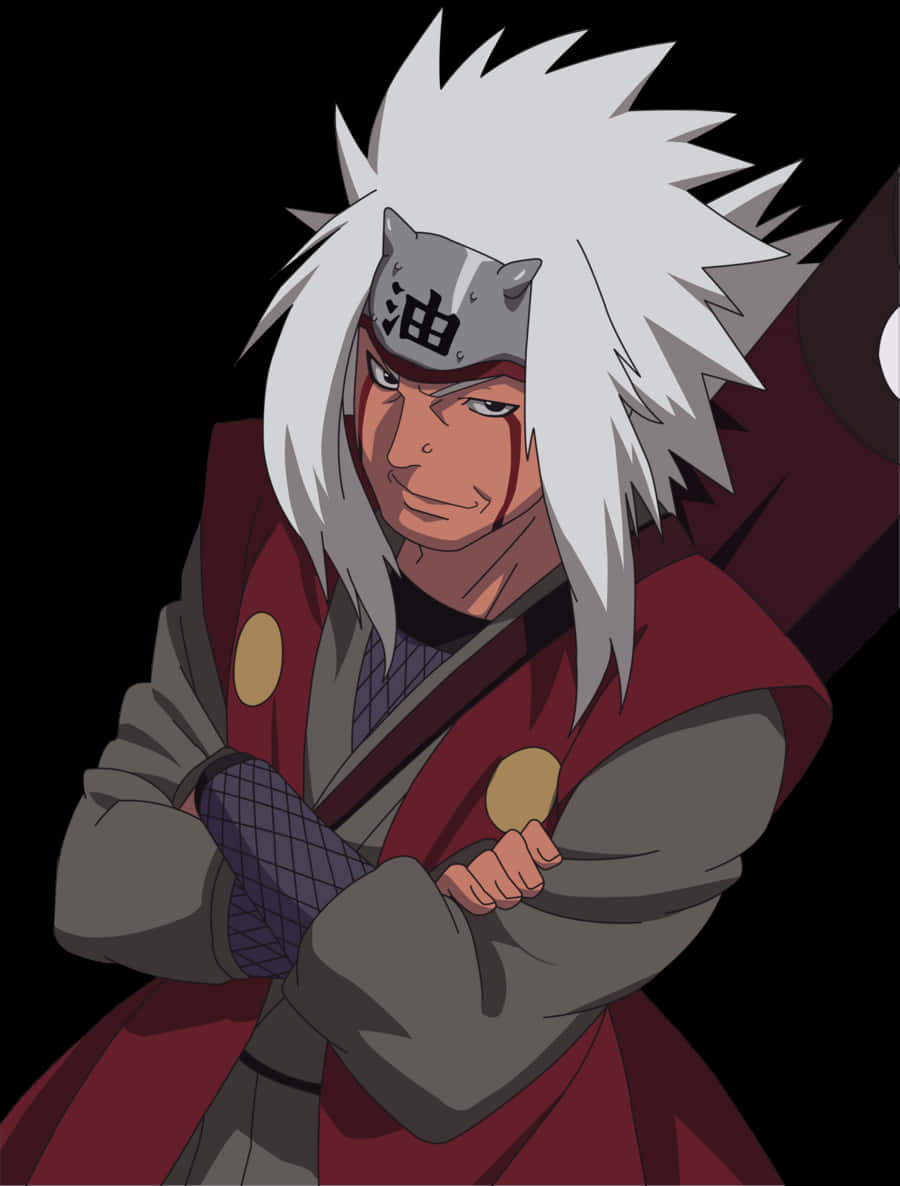 Anime Character 桌布 壁紙 — 一個嚴肅的動漫忍者，有著尖刺的白髮和紅色長袍，雙臂交叉站在黑色背景前。