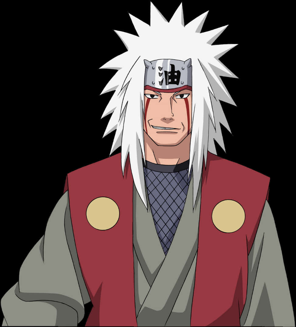Anime Character 桌布 壁紙 — 一個嚴肅的動漫忍者，有著尖刺的白髮和紅色眼睛標記，在黑色背景上穿著灰色長袍外的紅色背心。