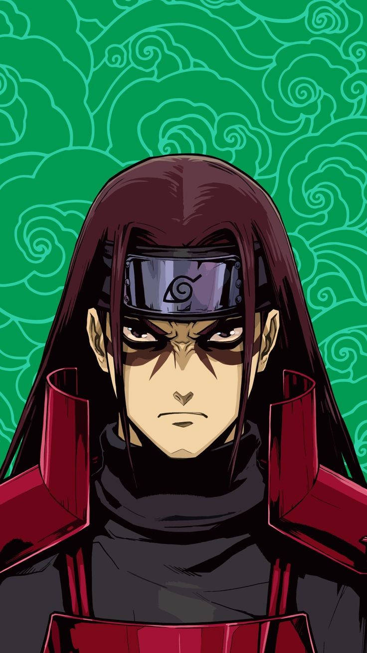 hashirama 桌布 壁紙 — 一個嚴肅的動漫忍者，長長的黑髮和紅色盔甲，在旋轉的綠色雲背景下強烈凝視。