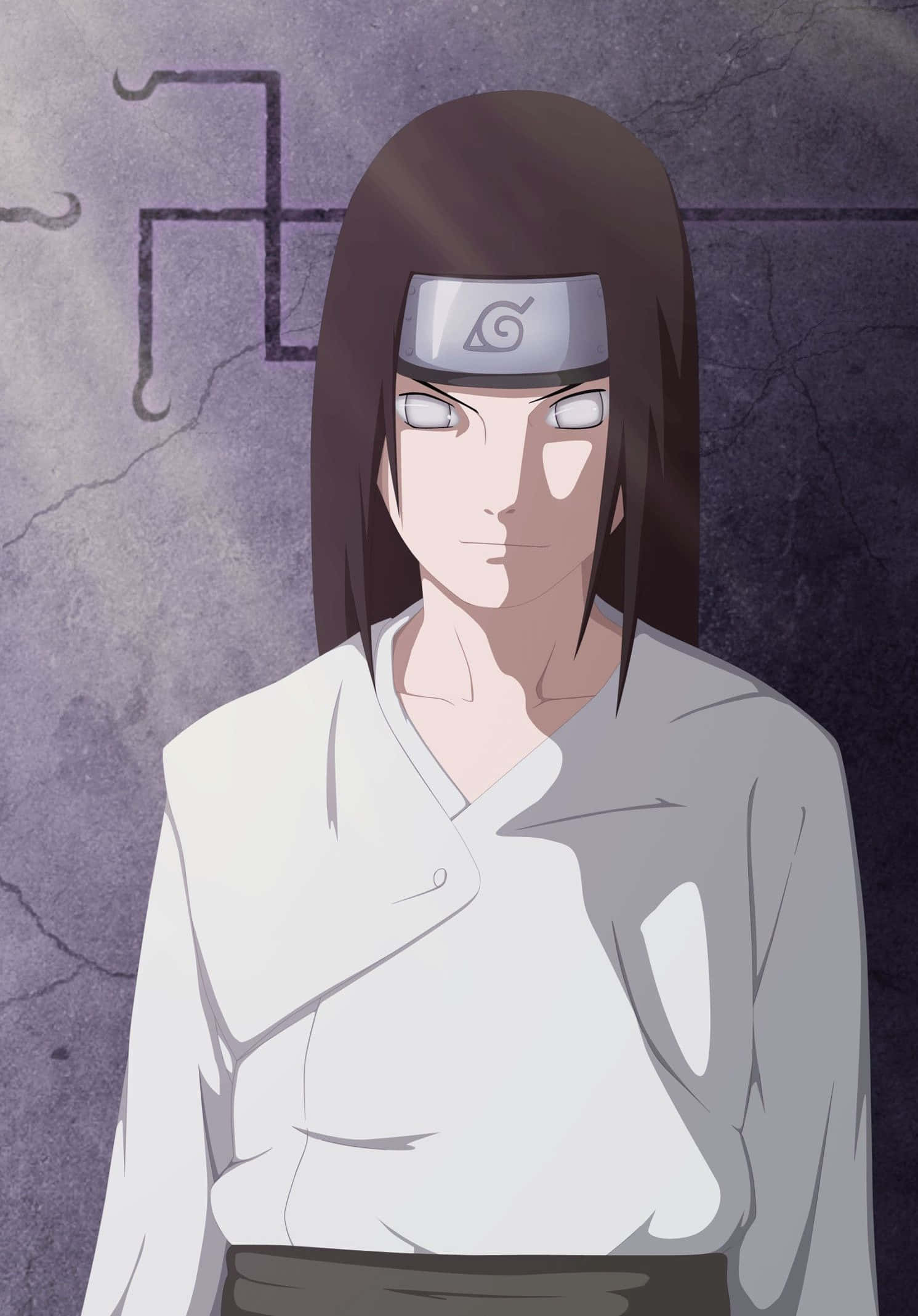 Neji Hyuga 桌布 壁紙 — 一個嚴肅的動漫忍者，長長的黑髮和白眼睛，站在一個有裂縫的紫色牆壁前，牆上有個風格化的符號。