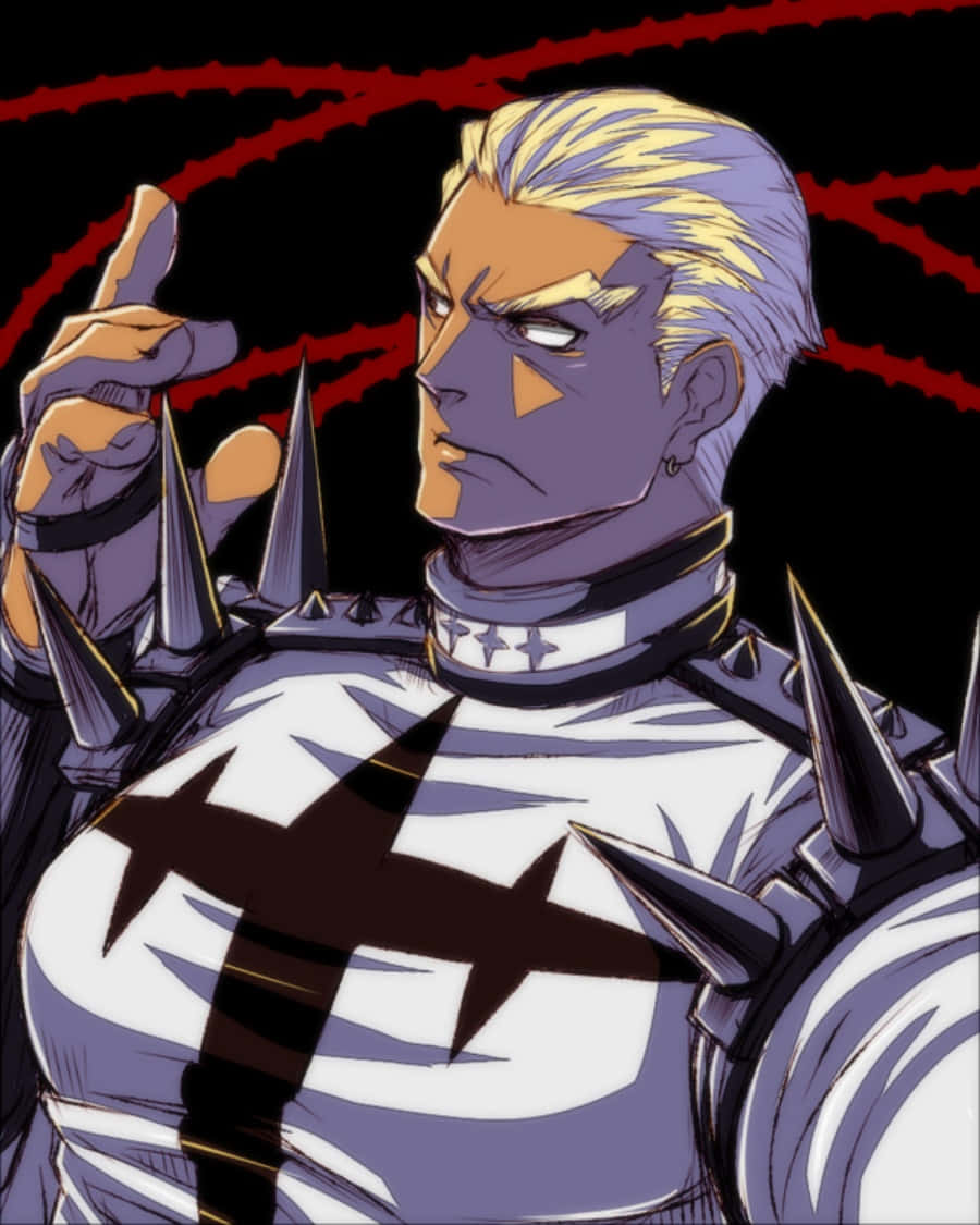 Ira Gamagoori 桌布 壁紙 — 一個嚴肅的動漫戰士，有著尖刺金髮和帶刺的胸甲，在紅色閃電背景下舉起戴手套的手。