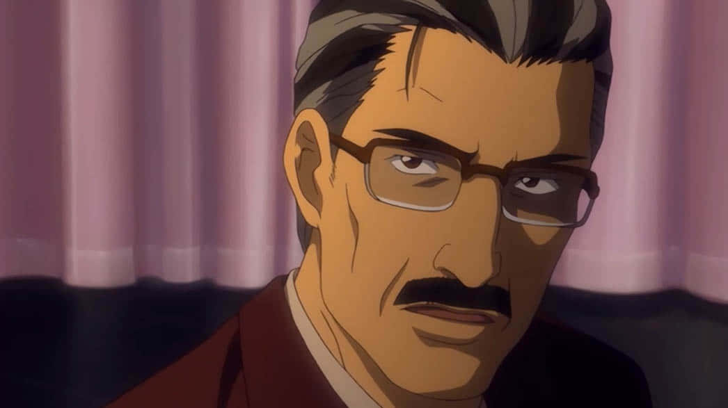 Soichiro Yagami 桌布 壁紙 — 一個嚴肅的動漫男人，戴著眼鏡和鬍子，專注地凝視著粉紅色窗簾。