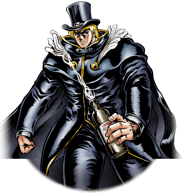 Jojo 桌布 壁紙 — 一個嚴肅的動漫男人，戴著黑色高頂帽，穿著黑色外套，在黑色背景前拿著一個冒著蒸汽的瓶子。