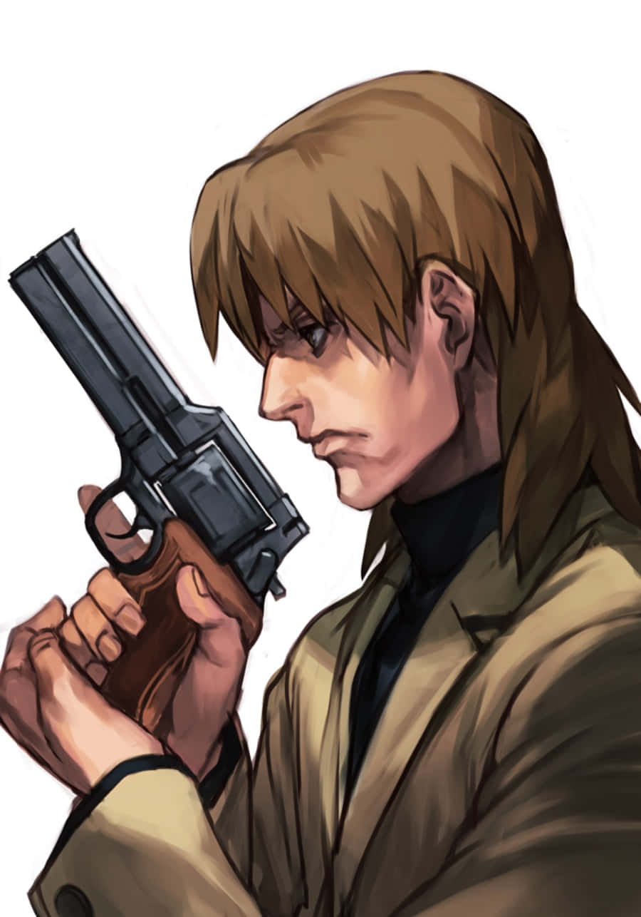 Ghost In The Shell Togusa 桌布 壁紙 — 一個嚴肅的動漫男人，棕色頭髮，在純白色背景前的特寫肖像中握著一把左輪手槍。
