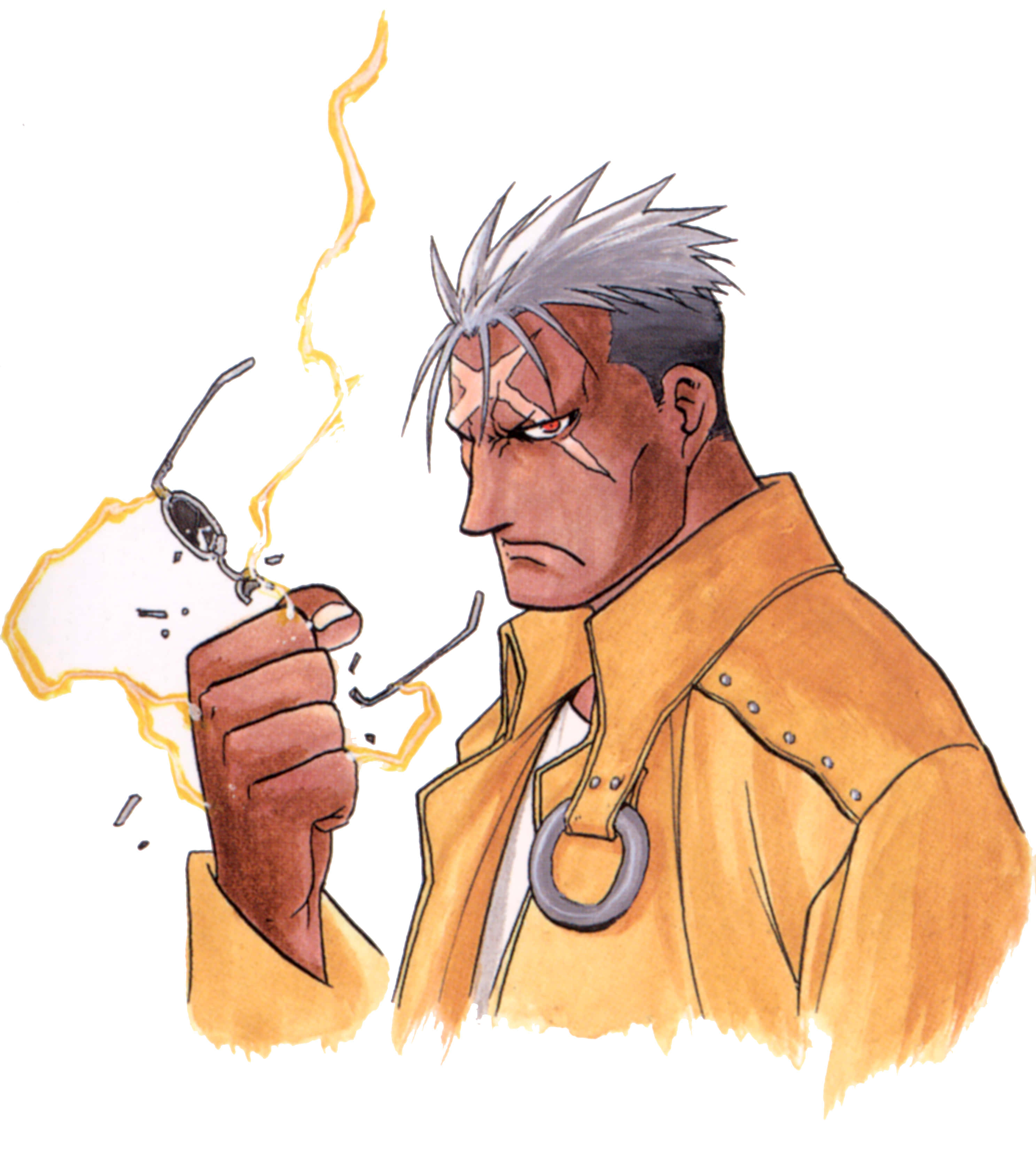 Fullmetal Alchemist Scar 桌布 壁紙 — 一個嚴肅的動漫男人，灰色尖刺頭髮，穿著黃色外套，憤怒地用噼啪作響的黃色能量粉碎他的眼鏡。