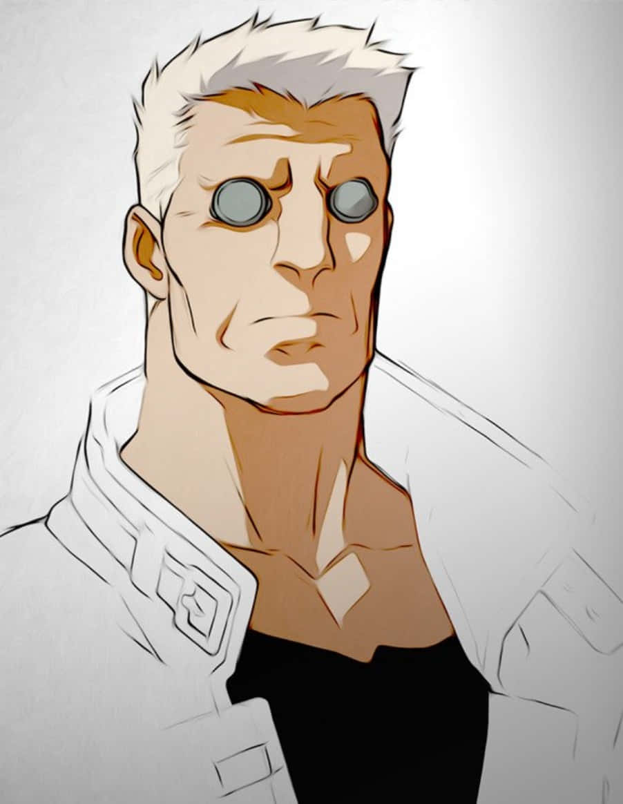 Ghost In The Shell Batou 桌布 壁紙 — 一個嚴肅的動漫男人，白髮和機械眼睛，穿著白色外套內搭黑色襯衫，背景簡潔。