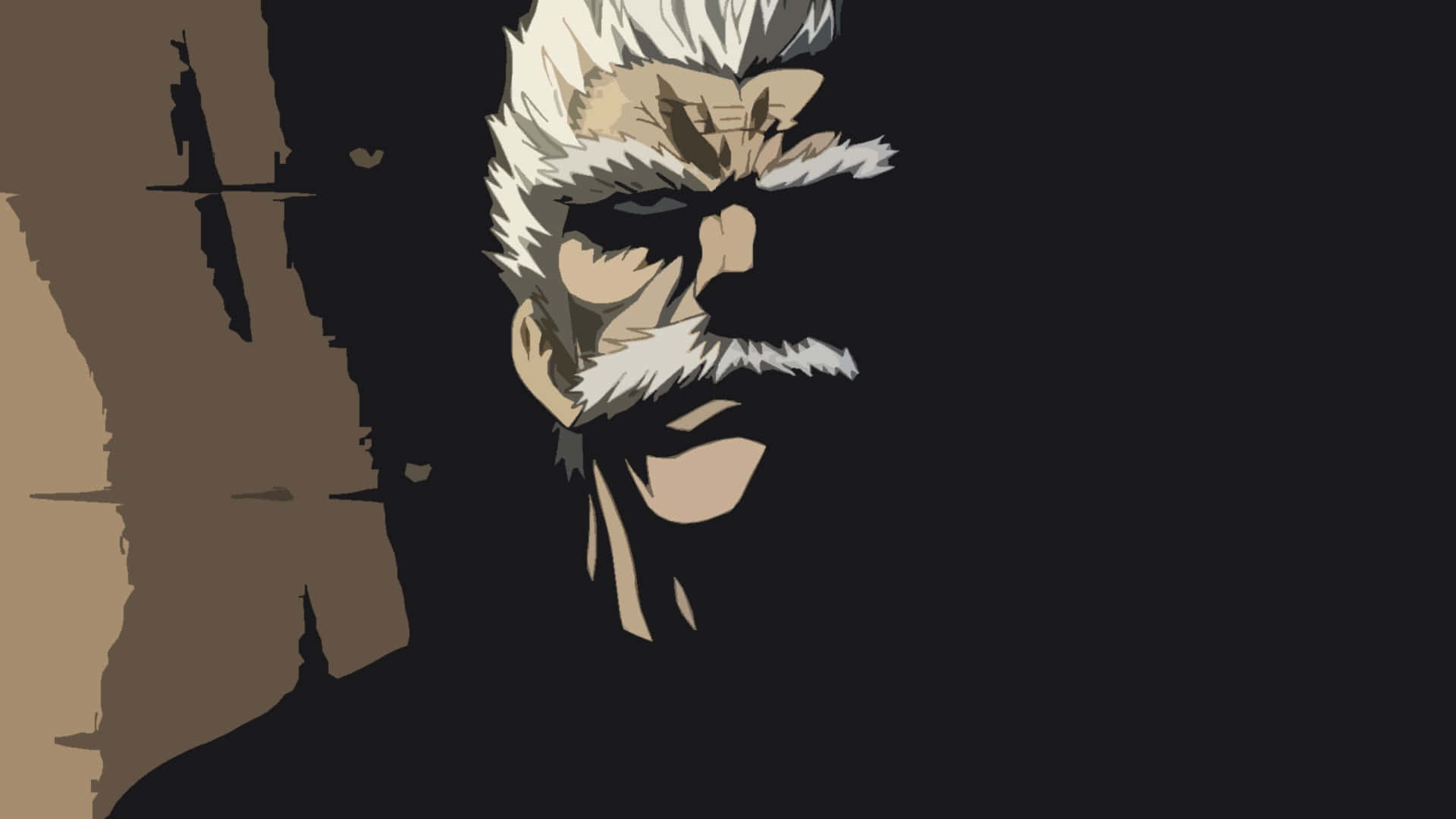 One Punch Man Bang 桌布 壁紙 — 一個嚴肅的動漫男人，白髮白鬍鬚，在深色背景和棕色牆壁剪影下強烈凝視。