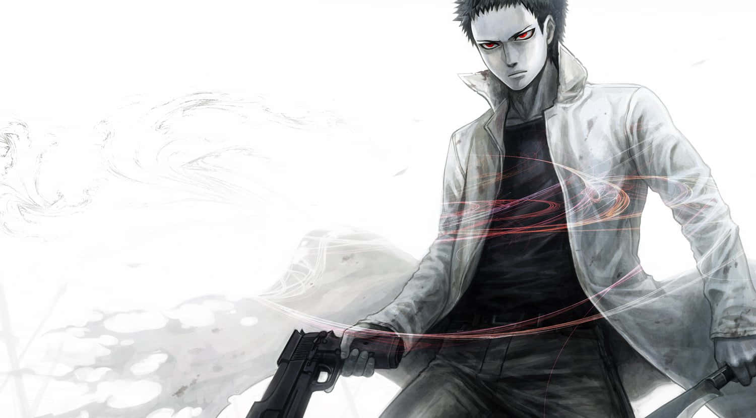 Zombieman 桌布 壁紙 — 一個嚴肅的動漫男人，紅眼睛，在旋轉的白色背景上拿著槍和劍。