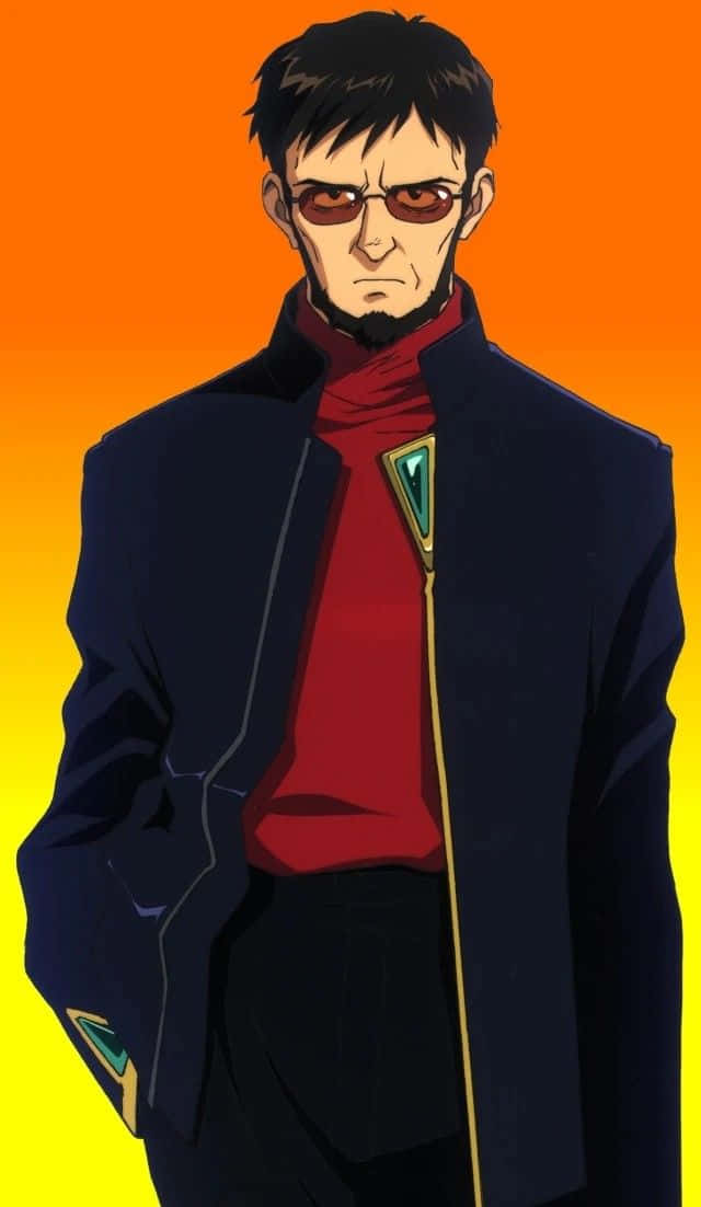 Gendo Ikari 桌布 壁紙 — 一個嚴肅的動漫男人，身穿深色外套和紅色圍巾，站在火熱的橙黃漸變背景前。