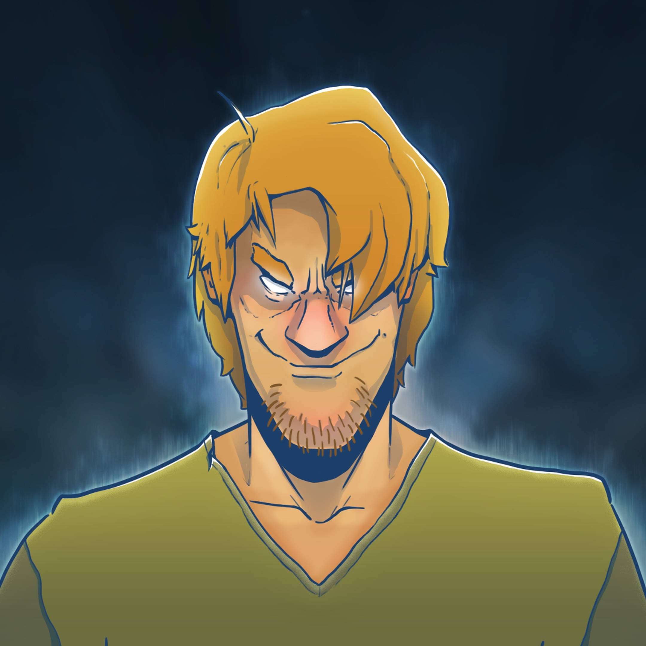 ultra instinct shaggy 桌布 壁紙 — 一個嚴肅的動漫男人，金髮，發光的眼睛，在深藍色煙霧背景前強烈凝視。