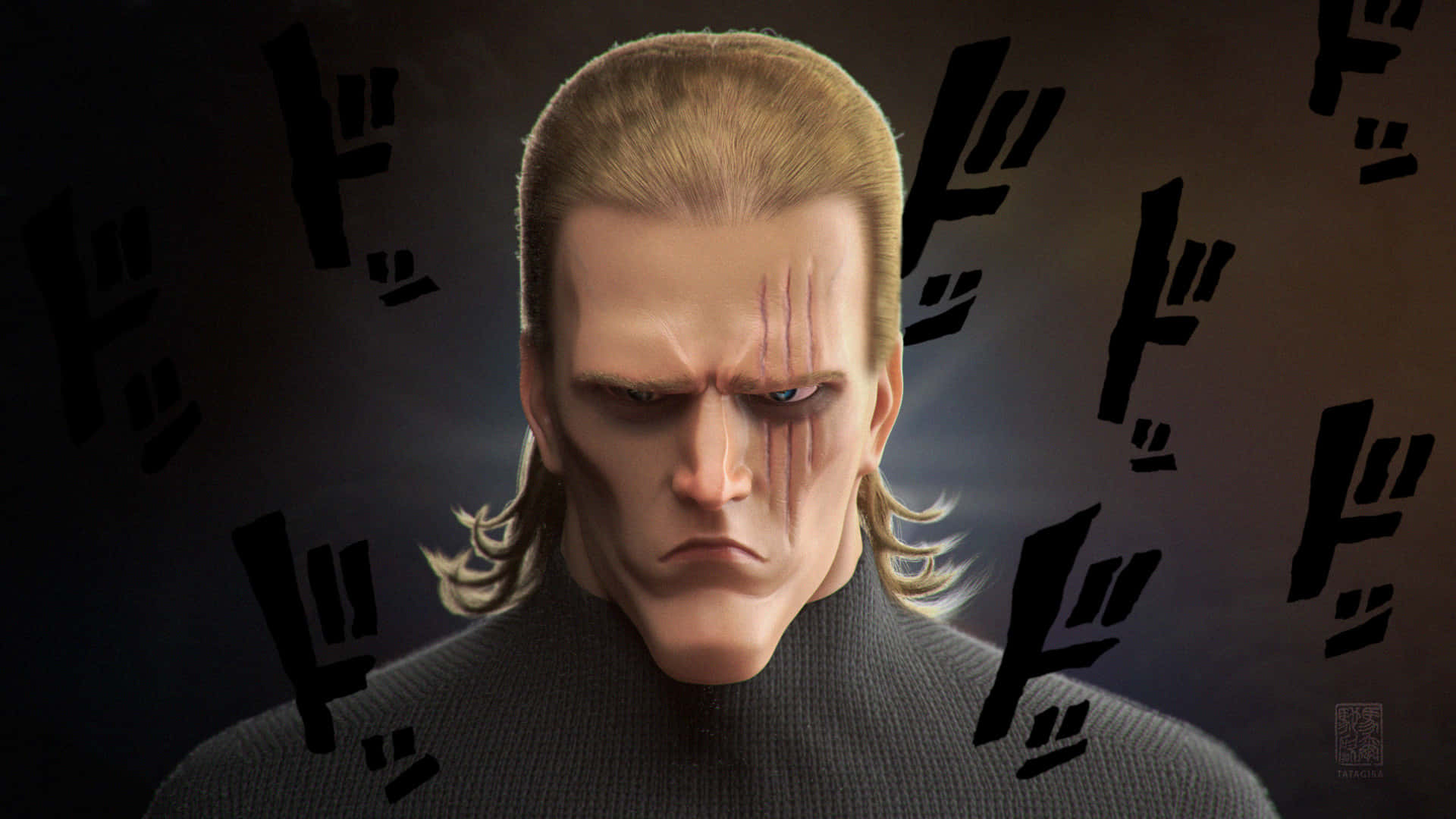 One Punch Man King 桌布 壁紙 — 一個嚴肅的動漫男人，金髮，臉上帶有疤痕，在黑暗背景中漂浮著日文字符，凝視著強烈。