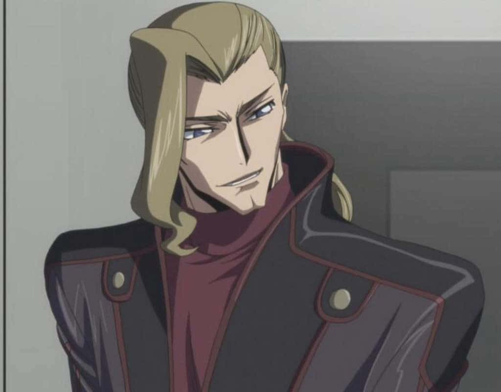 Diethard Ried 桌布 壁紙 — 一個嚴肅的動漫男人，金髮藍眼，穿著深色外套，內搭栗色高領毛衣，背景為柔和的灰色。