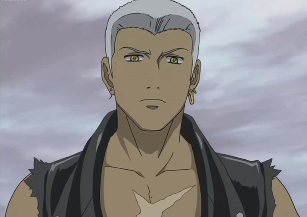 Wolf's Rain Tsume 桌布 壁紙 — 一個嚴肅的動漫男人，銀色頭髮和綠色眼睛，穿著黑色無袖外套，背景是陰天。