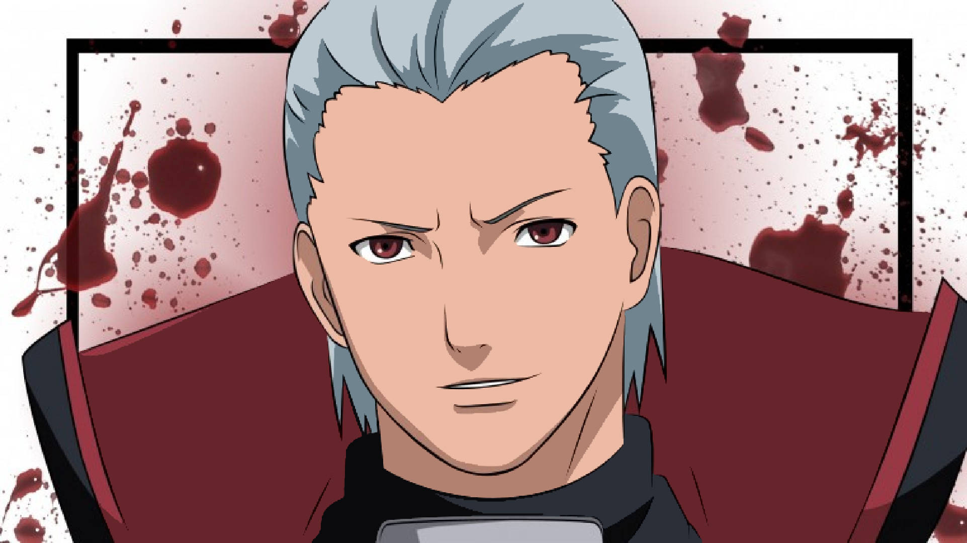 hidan akatsuki 桌布 壁紙 — 一個嚴肅的動漫男人，銀髮紅眼，坐在紅色椅子上，背景是帶有血跡的畫框。