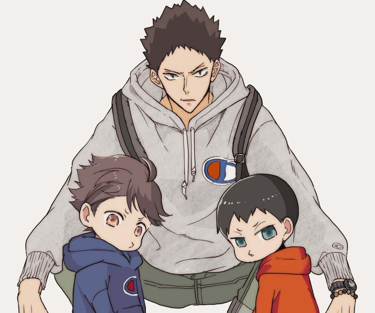 iwaizumi hajime 桌布 壁紙 — 一個嚴肅的動漫男人穿著灰色連帽衫，保護性地站在兩個穿著藍色和橙色連帽衫的小男孩身後。