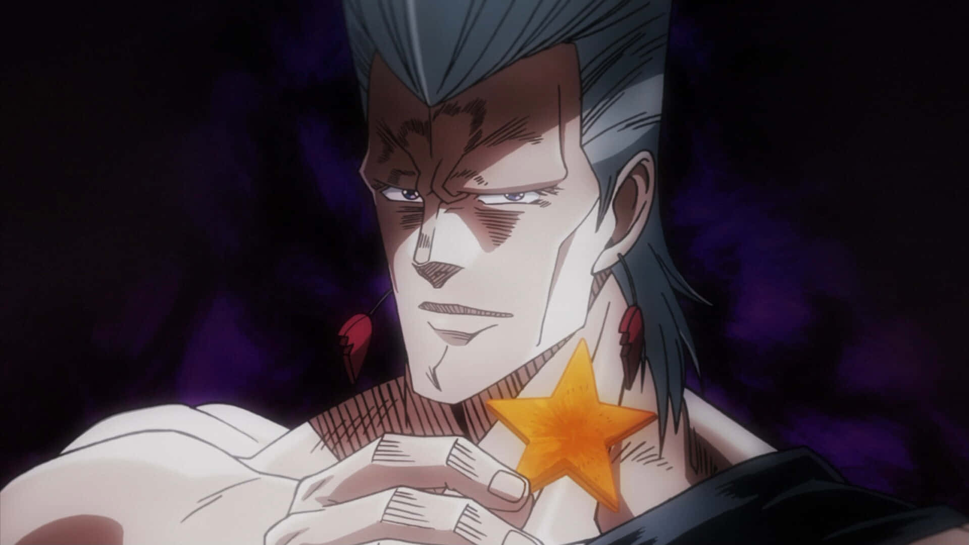Stardust Crusaders 桌布 壁紙 — 一個嚴肅的動漫男子，灰色尖刺頭髮，在深紫色背景前手持發光的橙色星星。