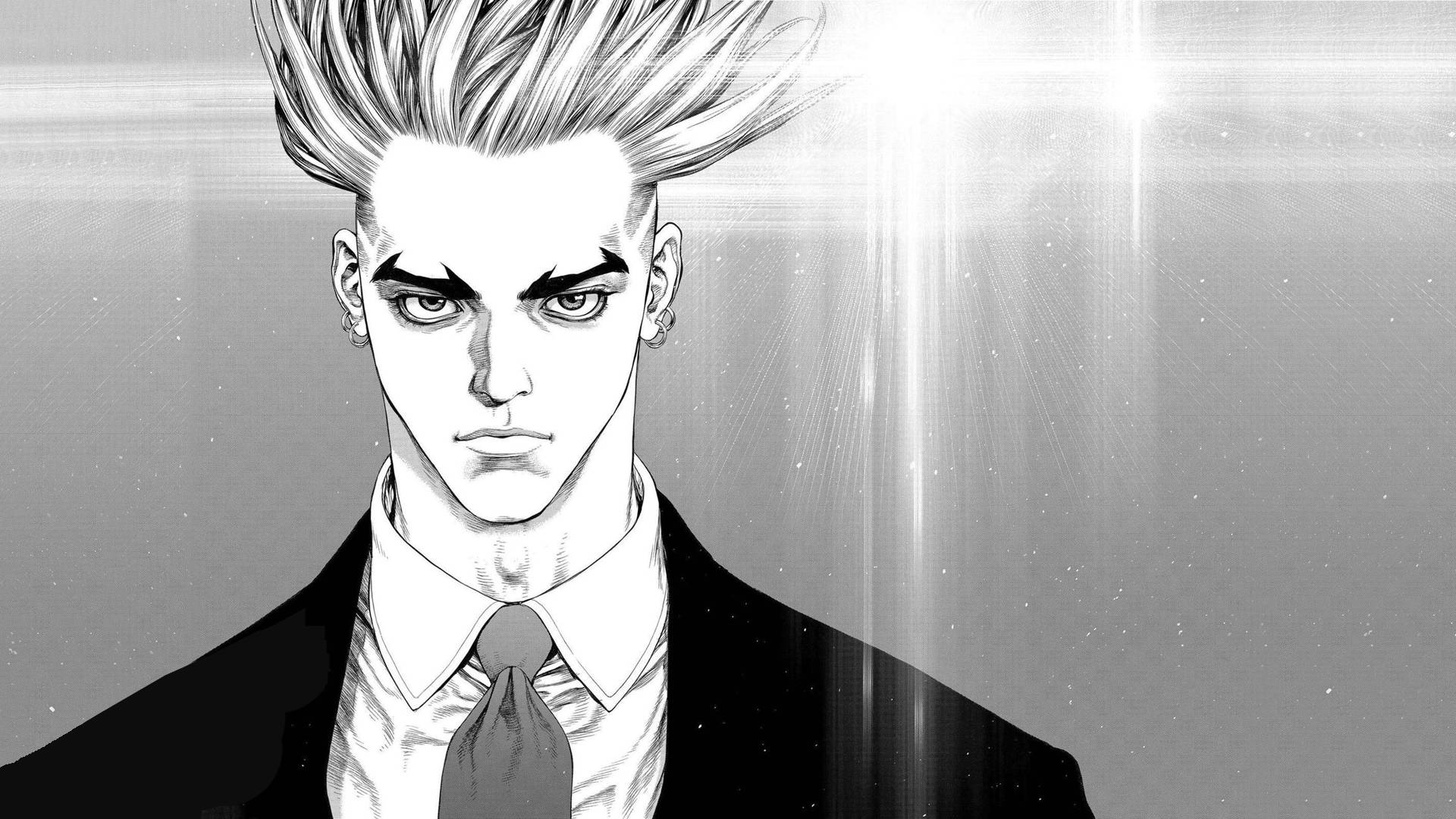 Black And White Anime Boy 桌布 壁紙 — 一個嚴肅的動漫男子，頭髮尖刺，眼神銳利，穿著黑色西裝，在閃爍的星空背景下直視前方。