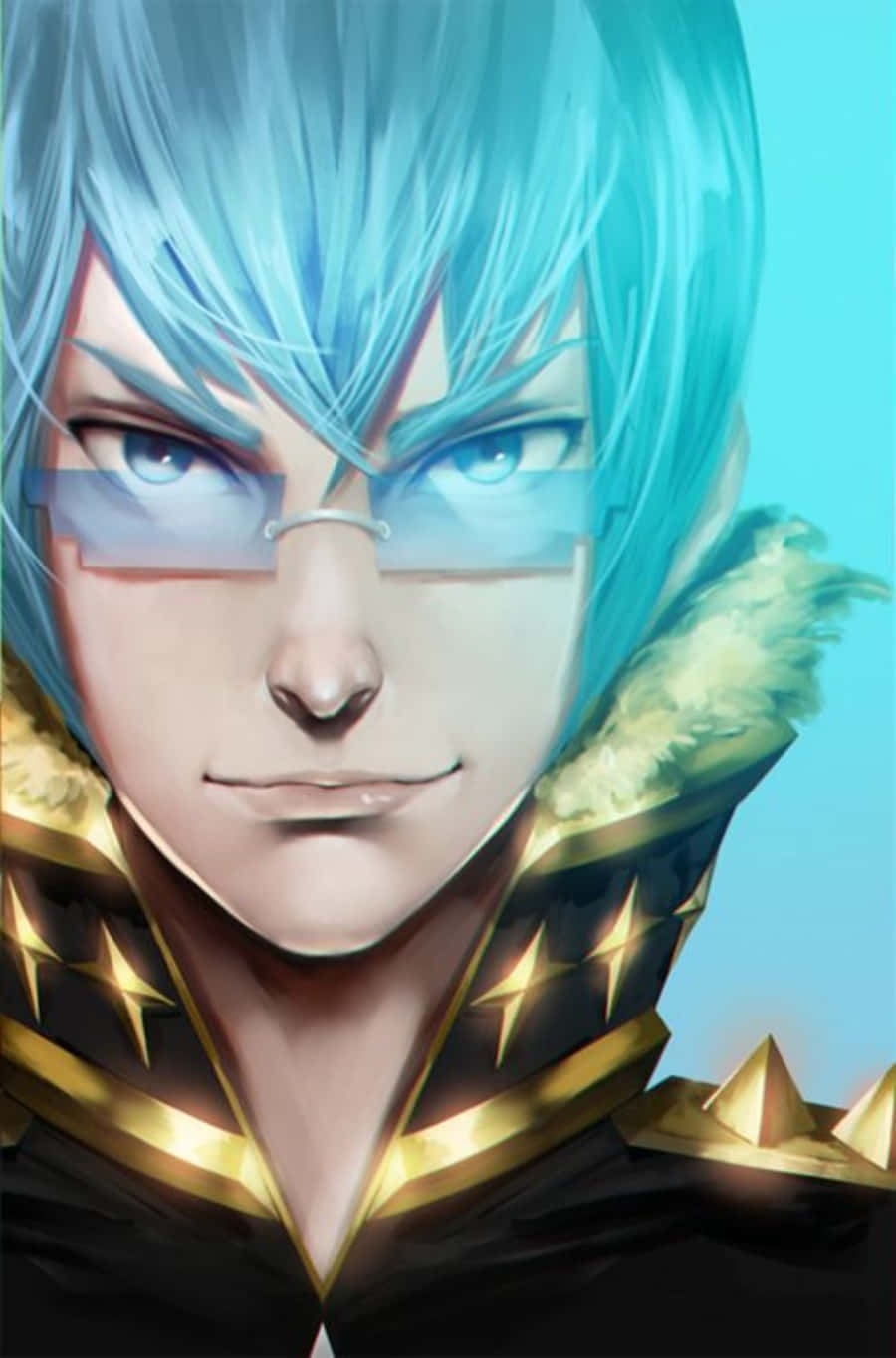 Houka Inumuta 桌布 壁紙 — 一個嚴肅的動漫男性特寫，擁有冰藍色頭髮和眼鏡，穿著黑色和金色的裝甲外套，帶毛領。