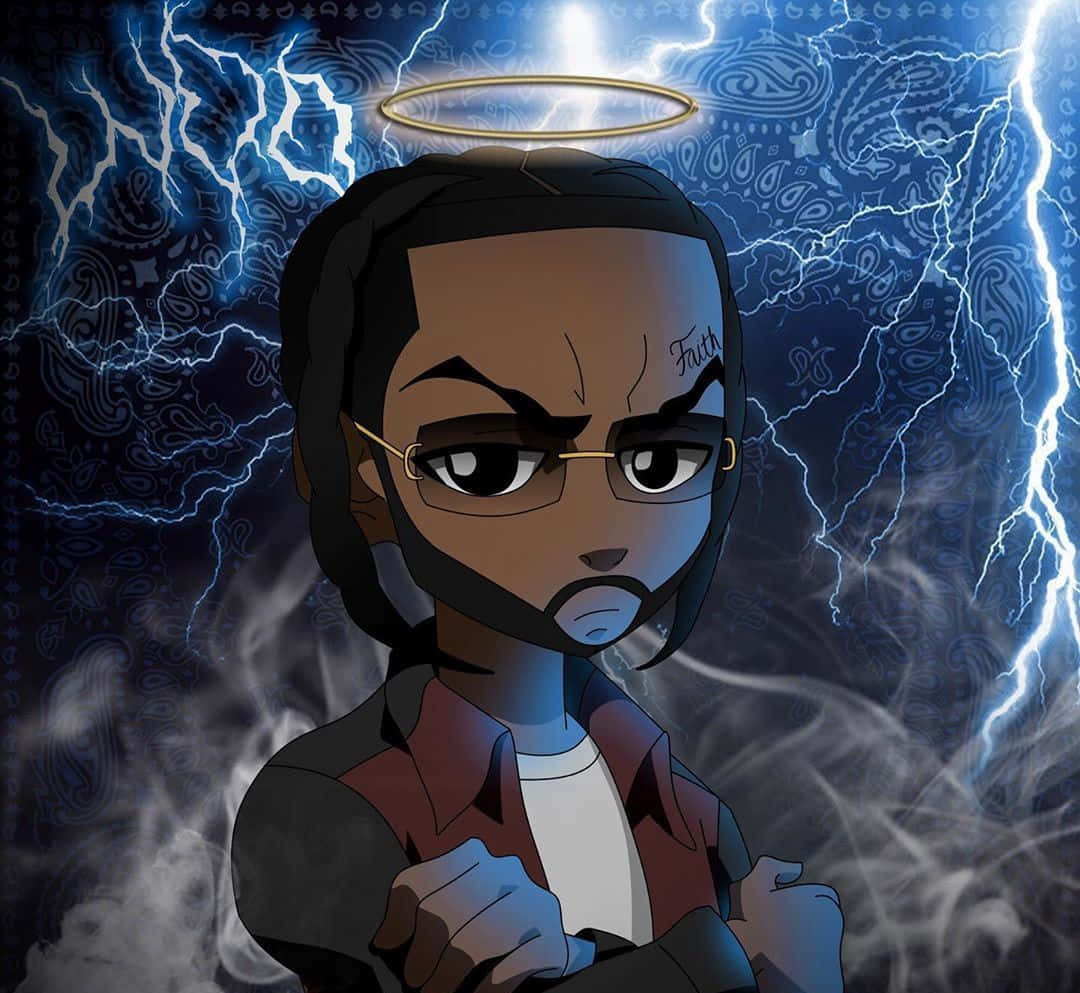 Pop Smoke Cartoon 桌布 壁紙 — 一個嚴肅的動漫角色，帶有光環和「Faith」刺青，在帶有閃電和佩斯利圖案的暴風雨藍色背景中凝視。