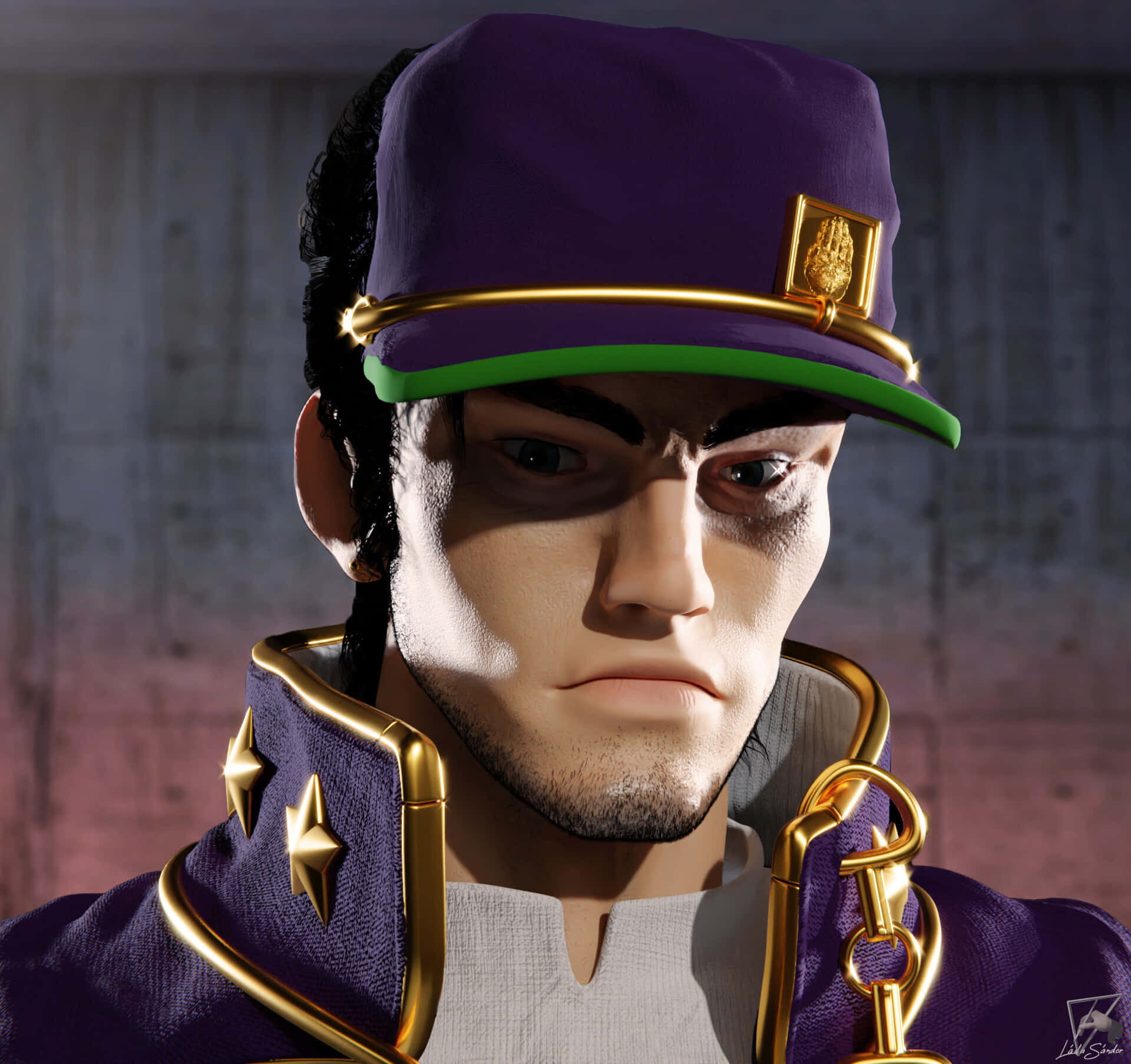 Jotaro 桌布 壁紙 — 一個嚴肅的動漫角色，戴著紫色金邊帽，穿著相配的夾克，對著混凝土牆凝視。