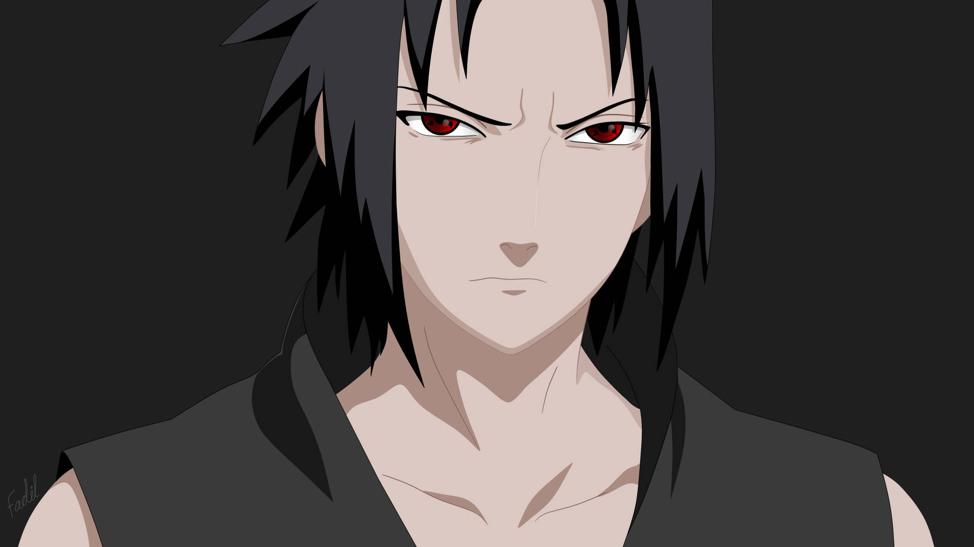sasuke uchiha 桌布 壁紙 — 一個嚴肅的動漫角色，有著尖刺的黑髮和發光的紅眼睛，在黑暗的背景下強烈地凝視著。