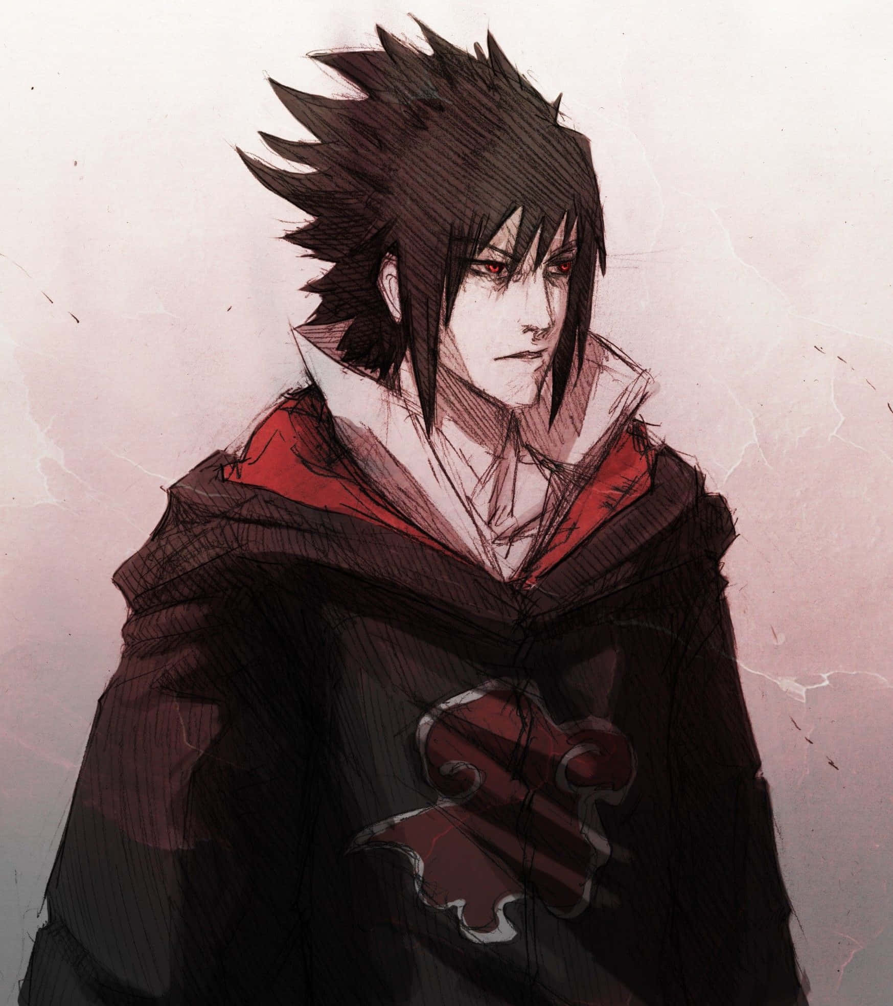 Akatsuki Naruto Shippuden 桌布 壁紙 — 一個嚴肅的動漫角色，有著尖刺的黑髮和紅色的眼睛，穿著帶有紅色雲紋的深色斗篷，背景是柔和的粉紅色紋理。