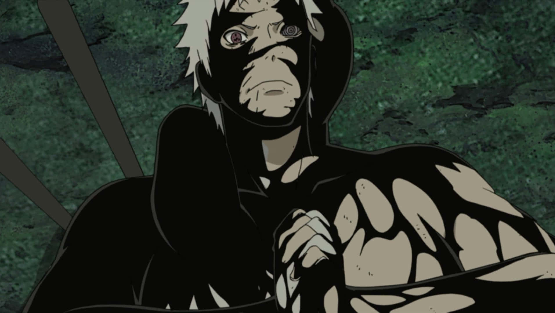 Black Zetsu 桌布 壁紙 — 一個嚴肅的動漫角色，白髮黑面具，站在深綠色的森林中，拳頭緊握，充滿決心。