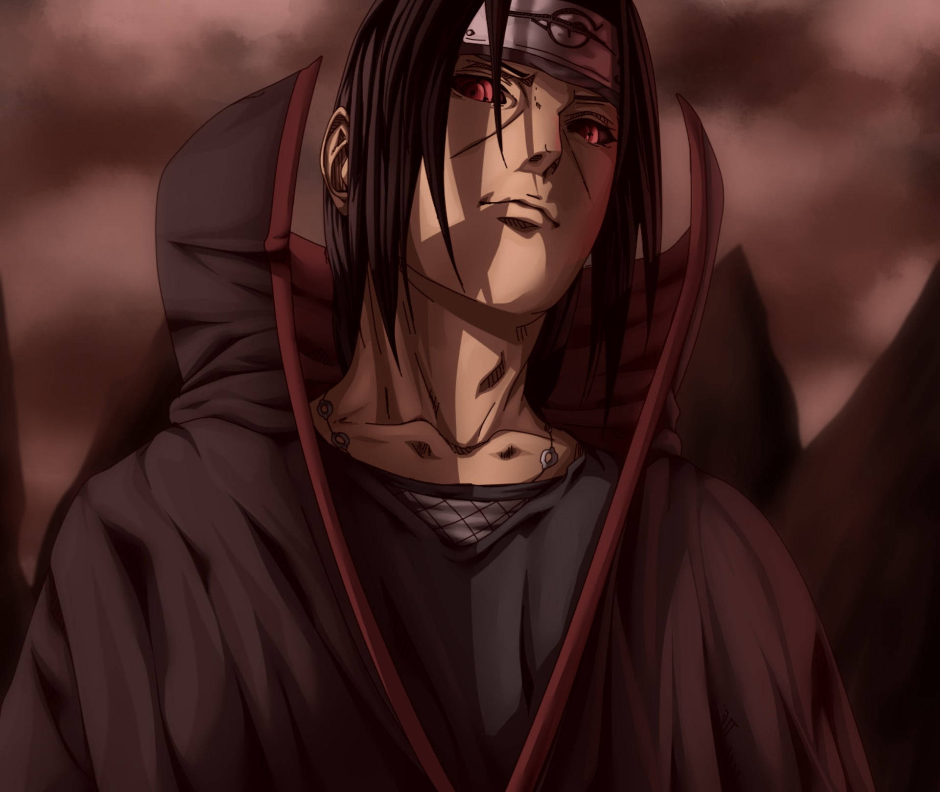 akatsuki itachi 桌布 壁紙 — 一個嚴肅的動漫角色，紅眼睛，披著黑色斗篷，站在暴風雨般的深紅色天空下。