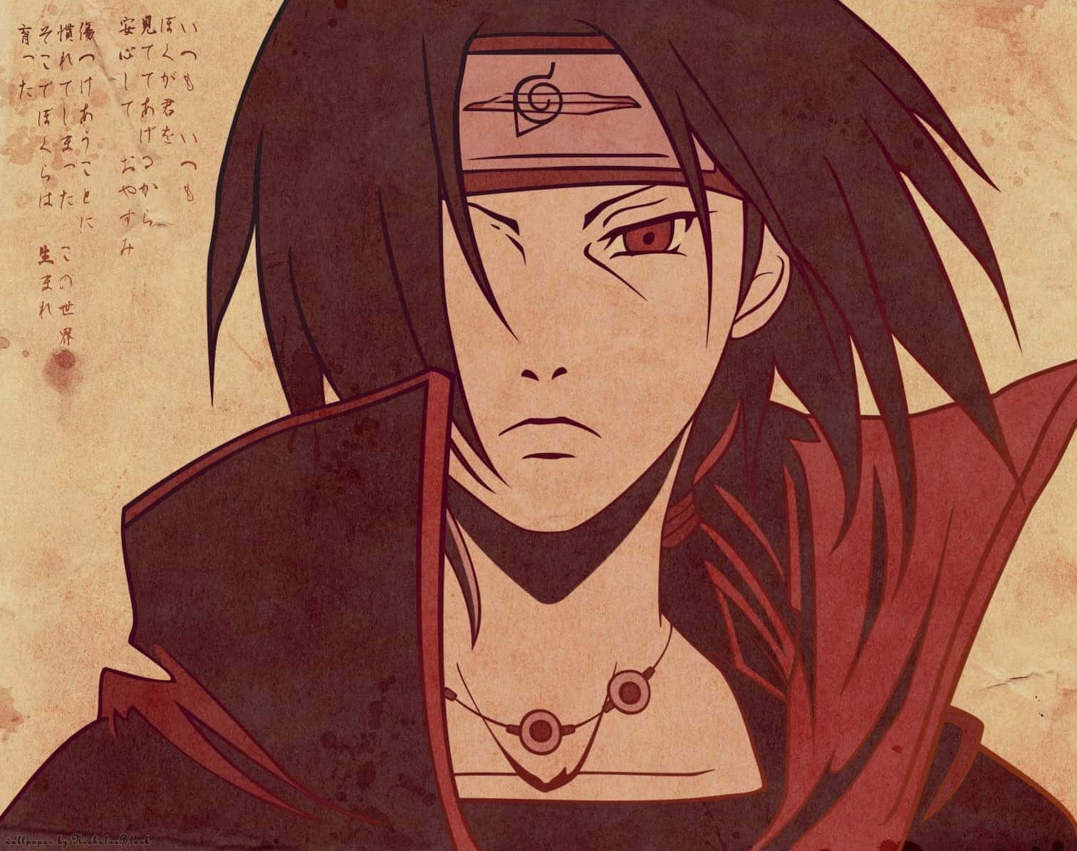 Akatsuki Ninja 桌布 壁紙 — 一個嚴肅的動漫角色，紅眼睛、黑頭髮，戴著頭帶和紅色斗篷，背景是帶有日文字句的羊皮紙。