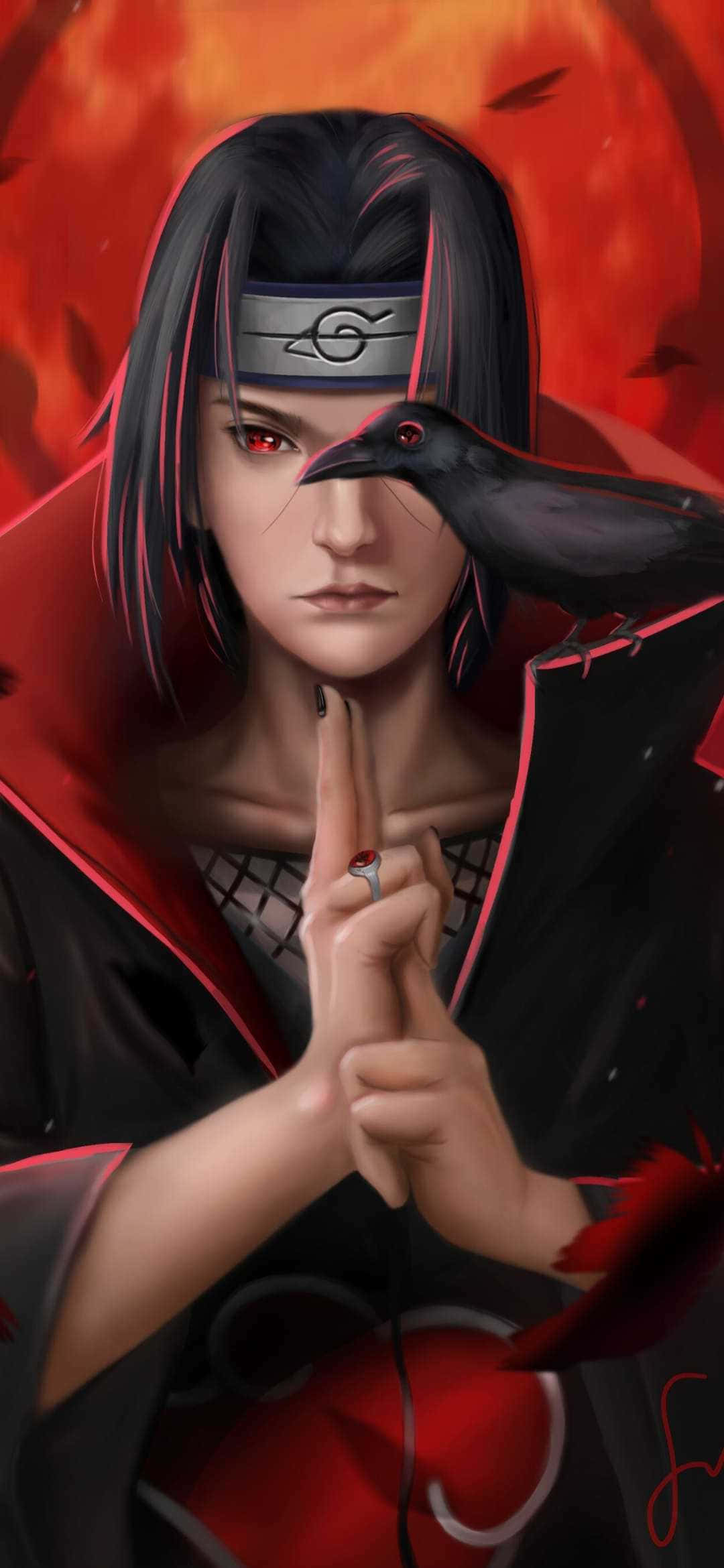 Itachi Mangekyou Sharingan 桌布 壁紙 — 一個嚴肅的動漫角色，紅眼睛黑頭髮，在火紅背景前，一隻烏鴉停在他的肩膀上，他正在結手印。