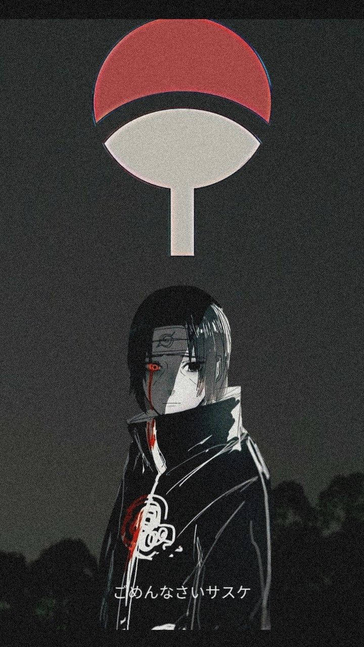 akatsuki itachi 桌布 壁紙 — 一個嚴肅的動漫角色，紅色的眼睛，頭頂上有寫輪眼符號，站在陰影的夜晚中。