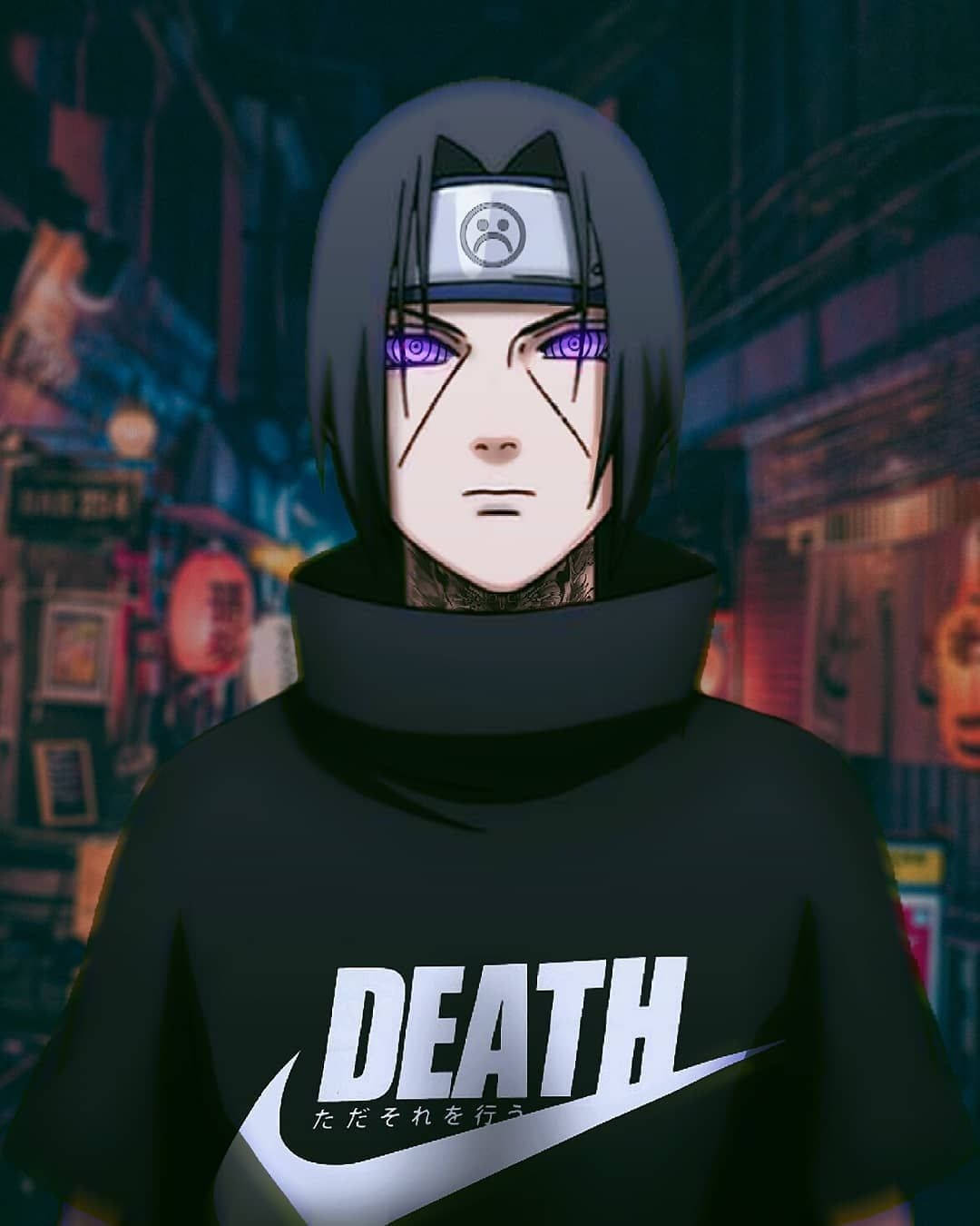 Naruto Gucci 桌布 壁紙 — 一個嚴肅的動漫角色，紫色眼睛，穿著印有death字樣的黑色連帽衫，站在霓虹燈照亮的城市小巷中。
